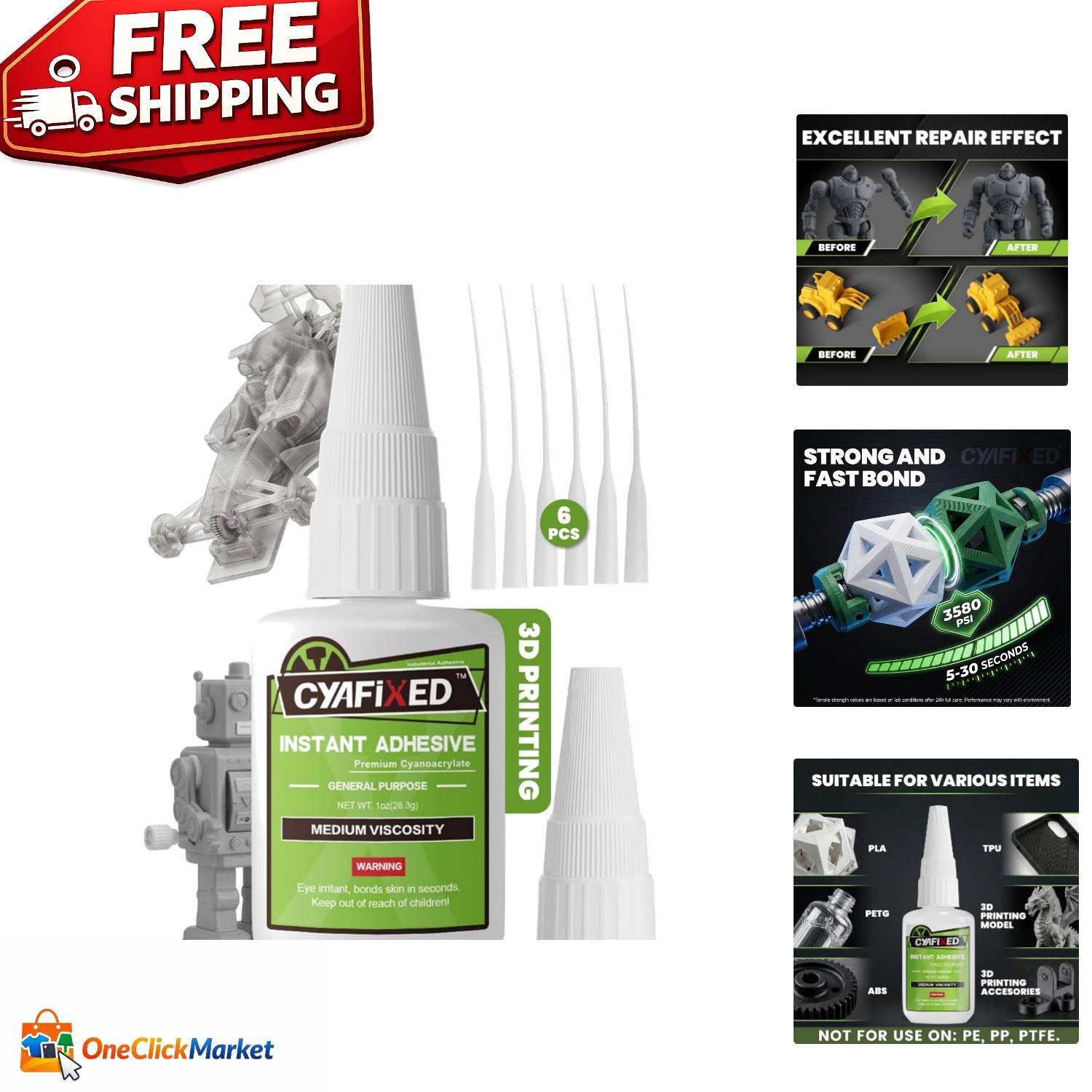 1oz 3D Printer Plastic Super Glue - Precision Clear Adhesive for All Materials