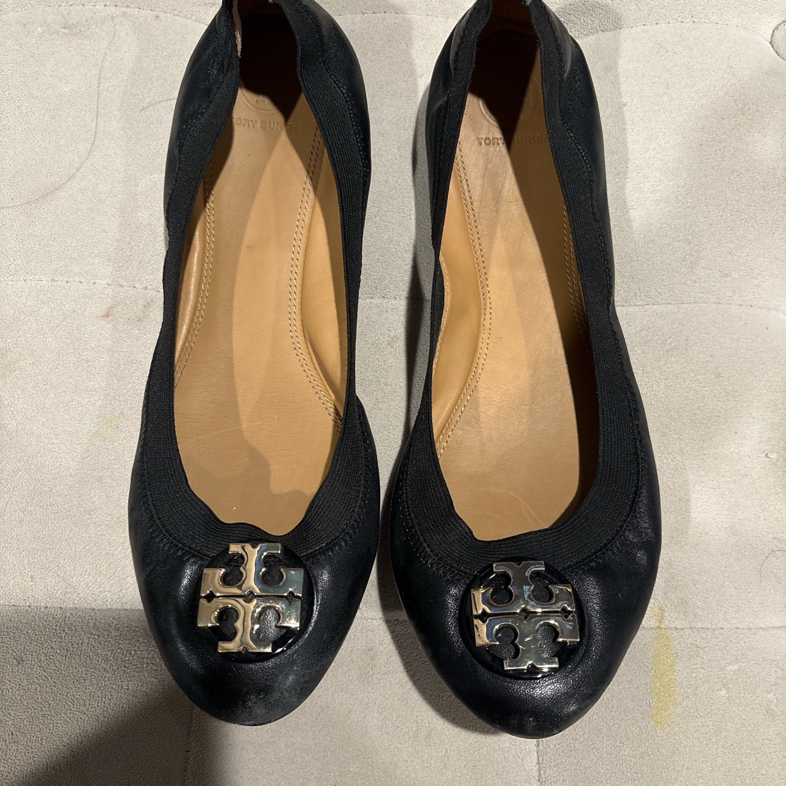 Tory Burch Ballet Flats Black Womens Size 9.5 Gold Accent Fair Condition