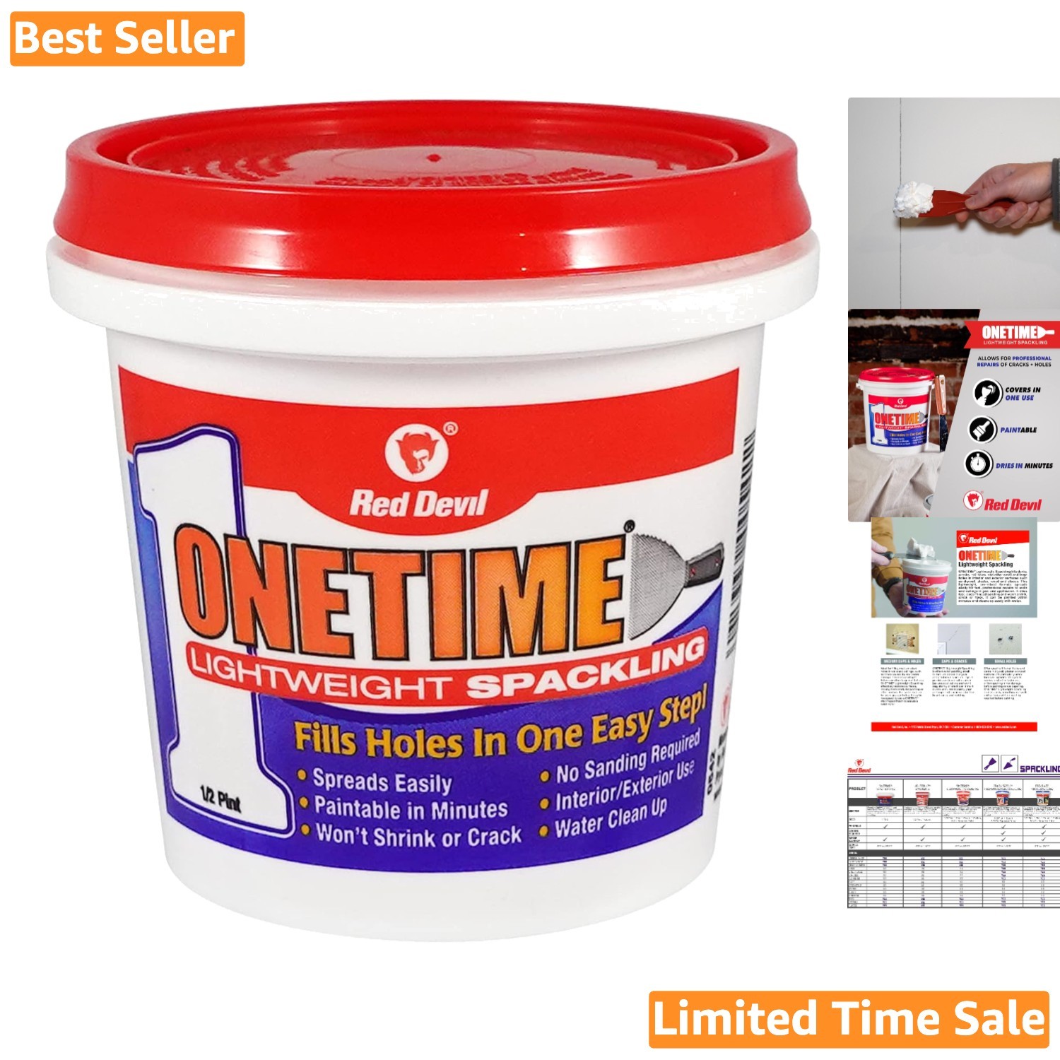 ONETIME 1/2 Pint Lightweight Spackle for Effortless Wall Repair - Waterproof