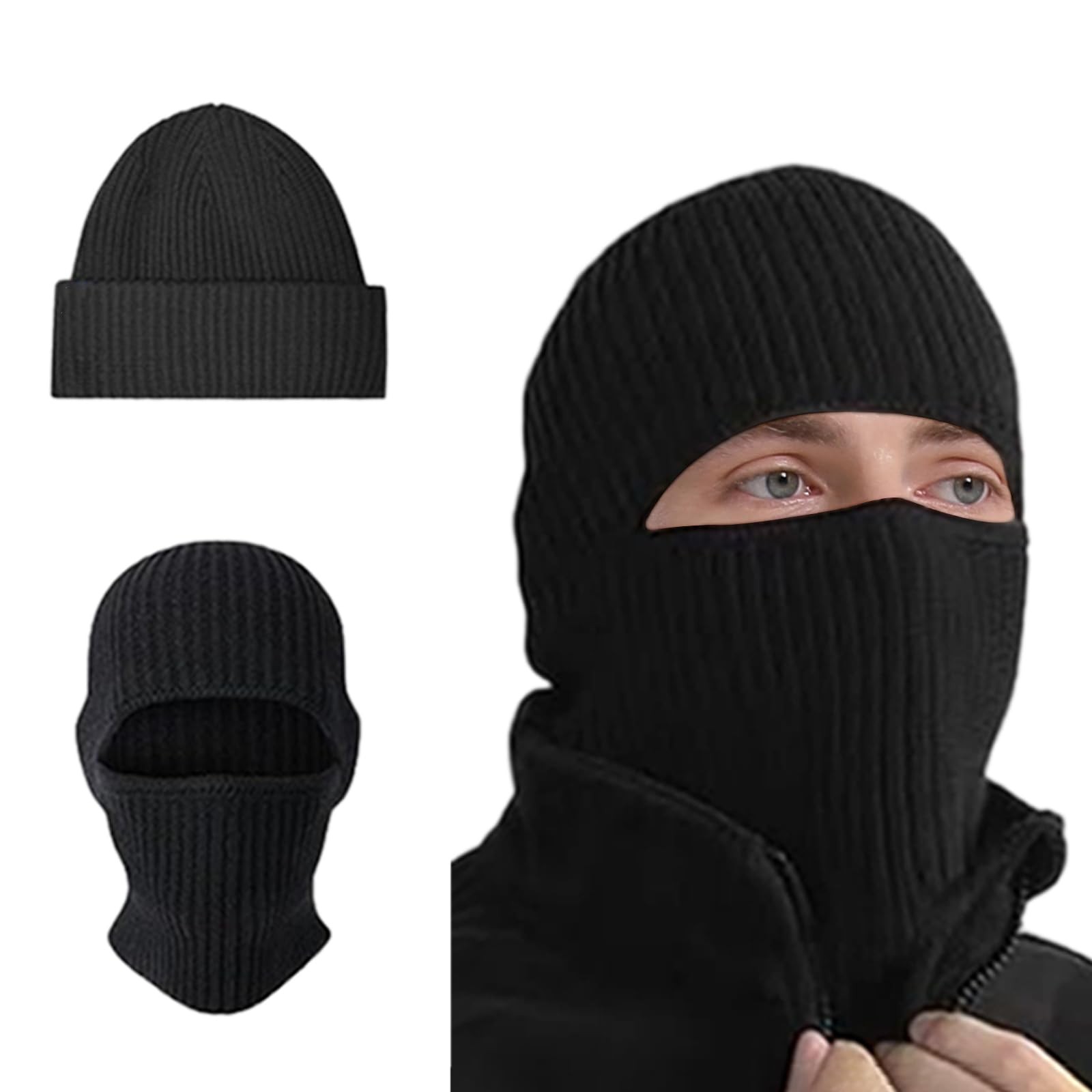 BROKIG 2 in 1 Balaclava Ski Mask Beanie Black Face One Size,