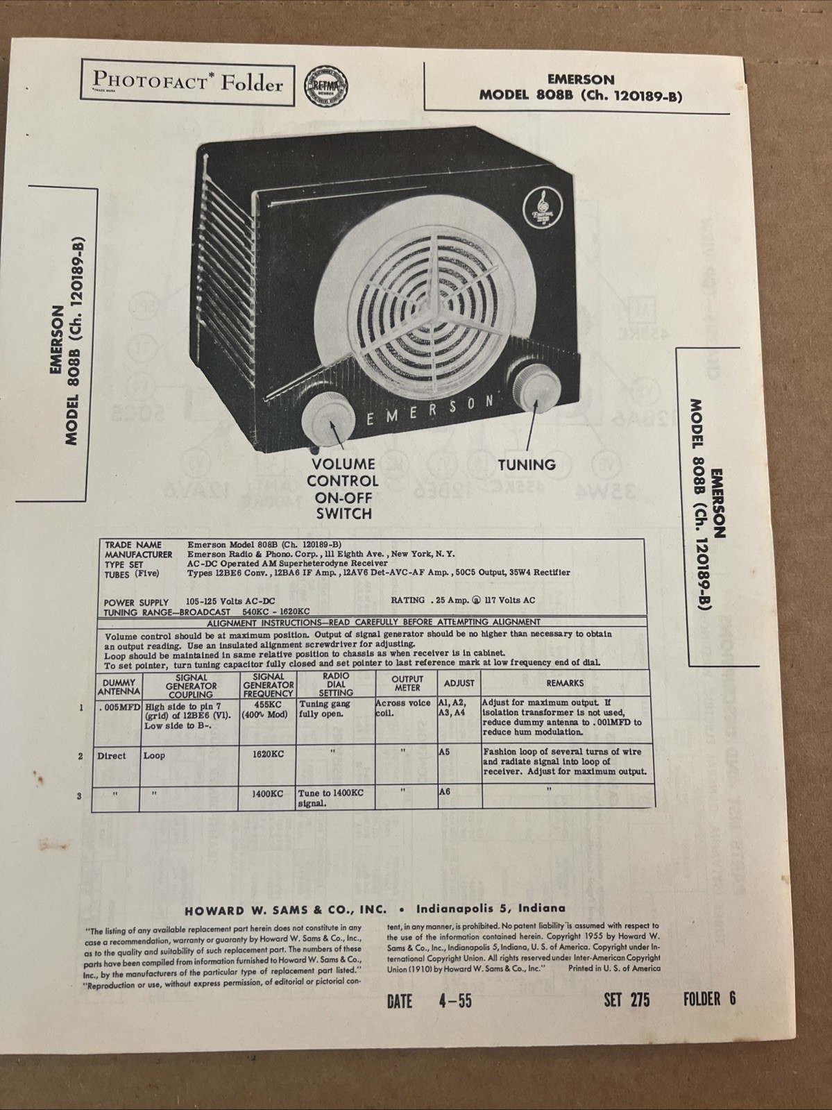 Vintage Sams Photofact Schematic 4-1955 EMERSON MODEL 808B ( Ch. 120189-B )