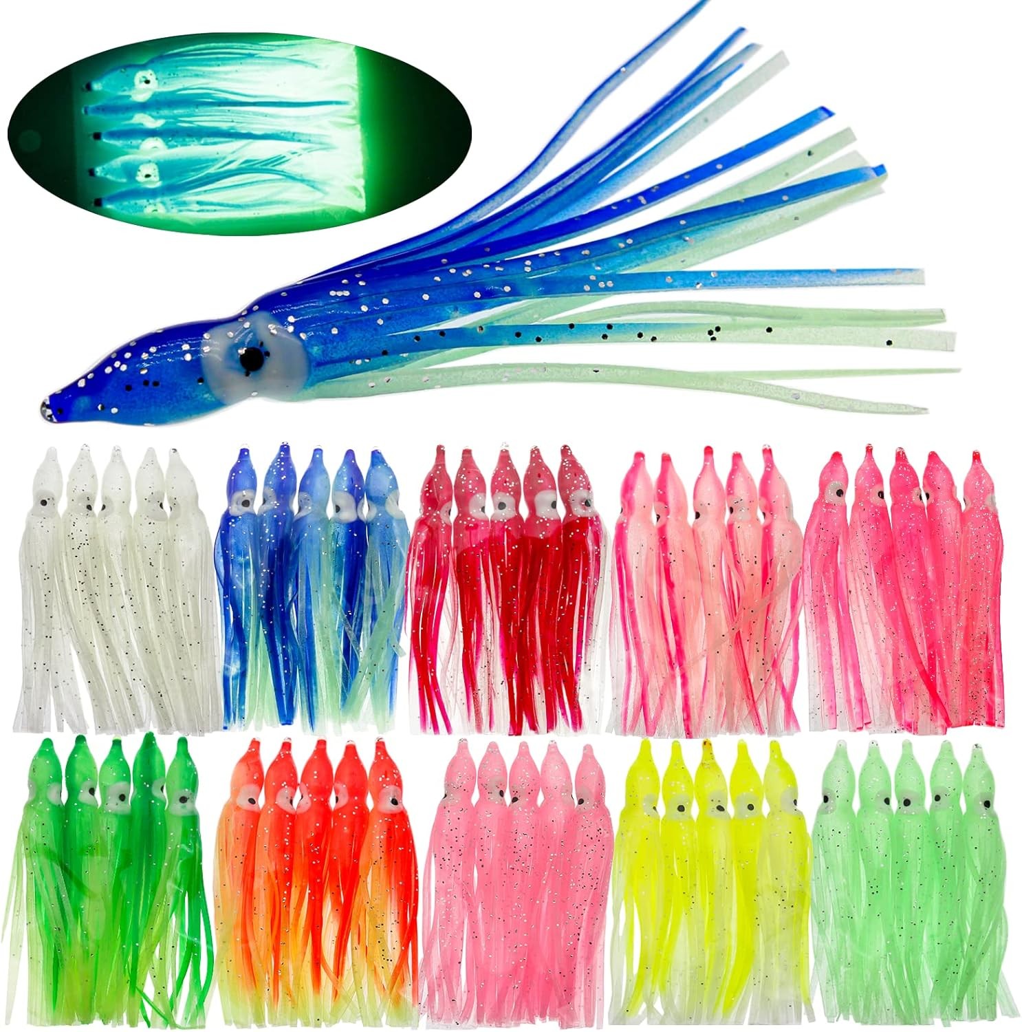 50PCS Luminous Octopus Squid Skirt Glow Soft Lure Hoochies Bait Fishing Lure Kit