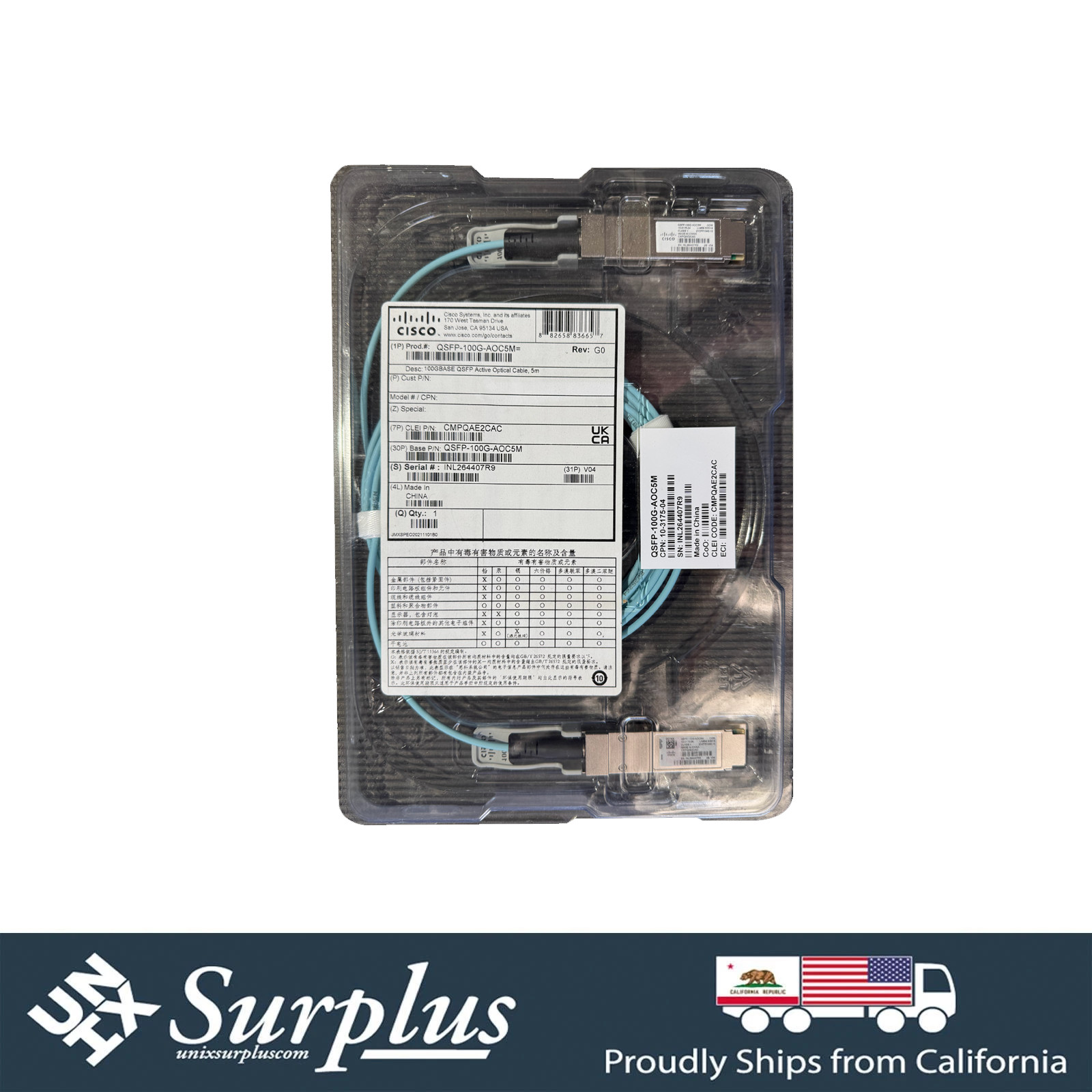 New Cisco QSFP-100G-AOC5M 100GBASE QSFP28 Active Optical Cable 5meters
