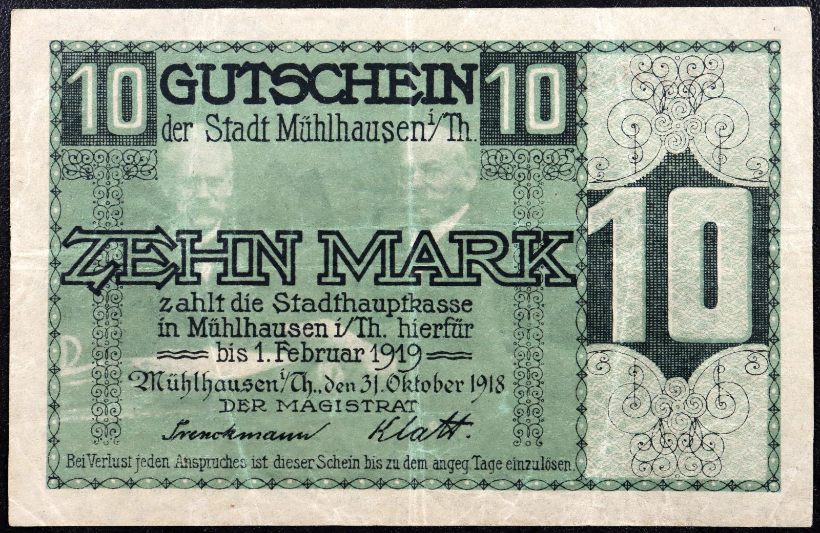 MÜHLHAUSEN 1918 10 Mark Grossnotgeld WWI German Notgeld Banknote