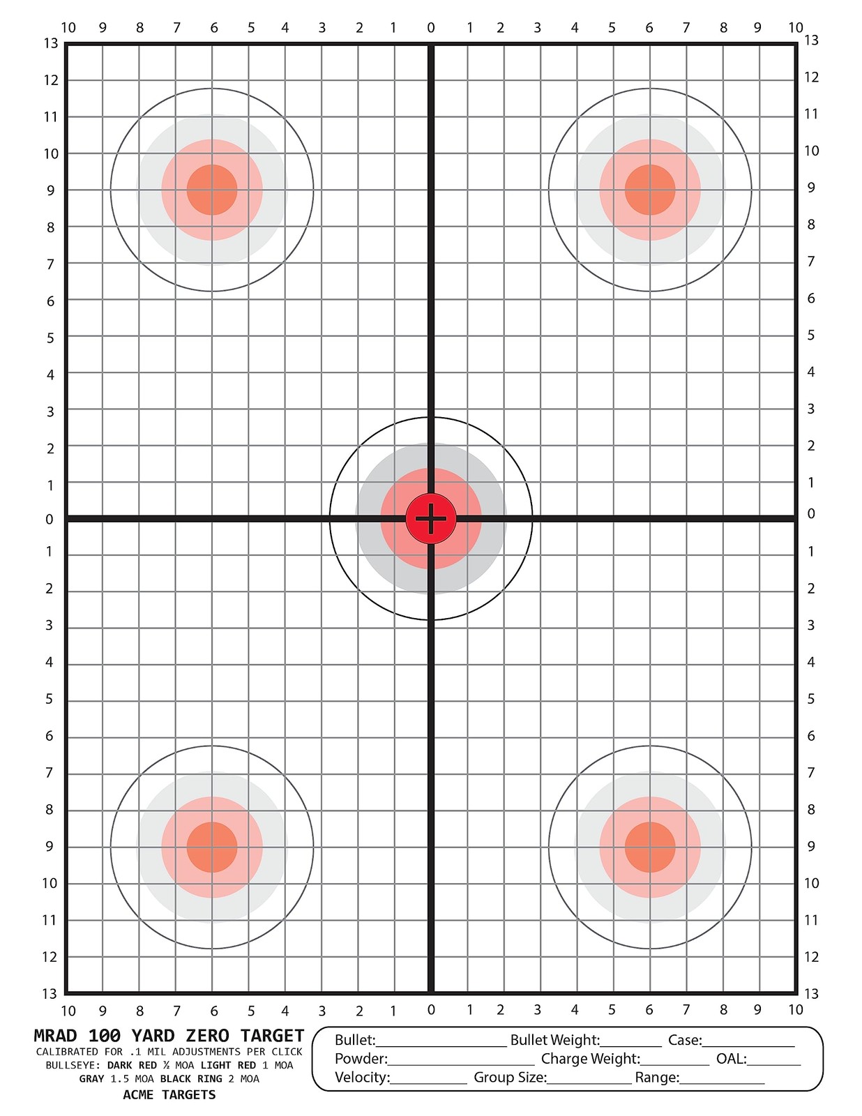 MRAD 100 Yard Zero Target Calibrated for .1 Mil 8-1/2 x 11-Inch, White