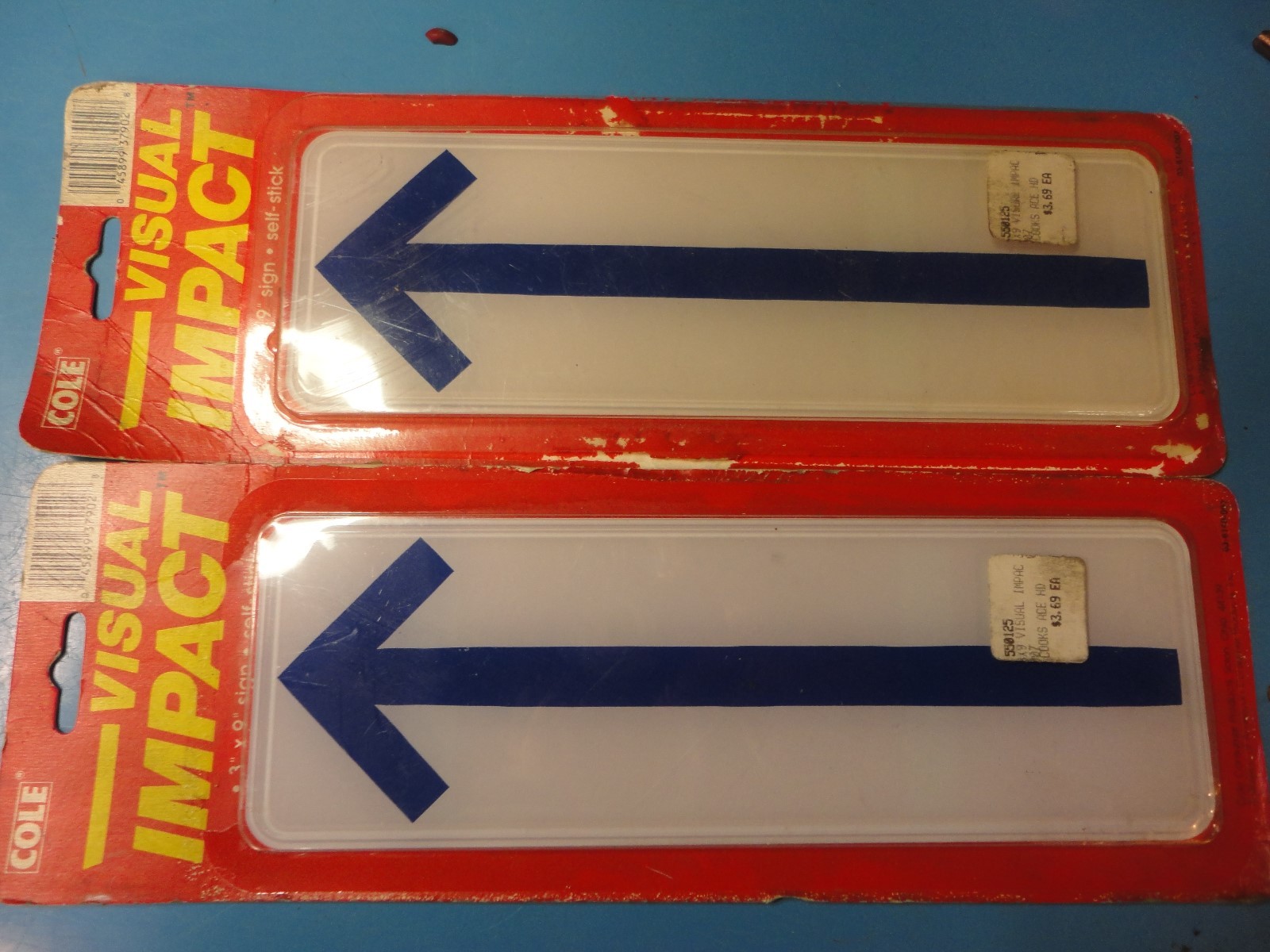 New, Free Ship, 2 Count Lot, 3" x 9" Arrow Sign, 1/8" Clear Plastic, Blue Arrow