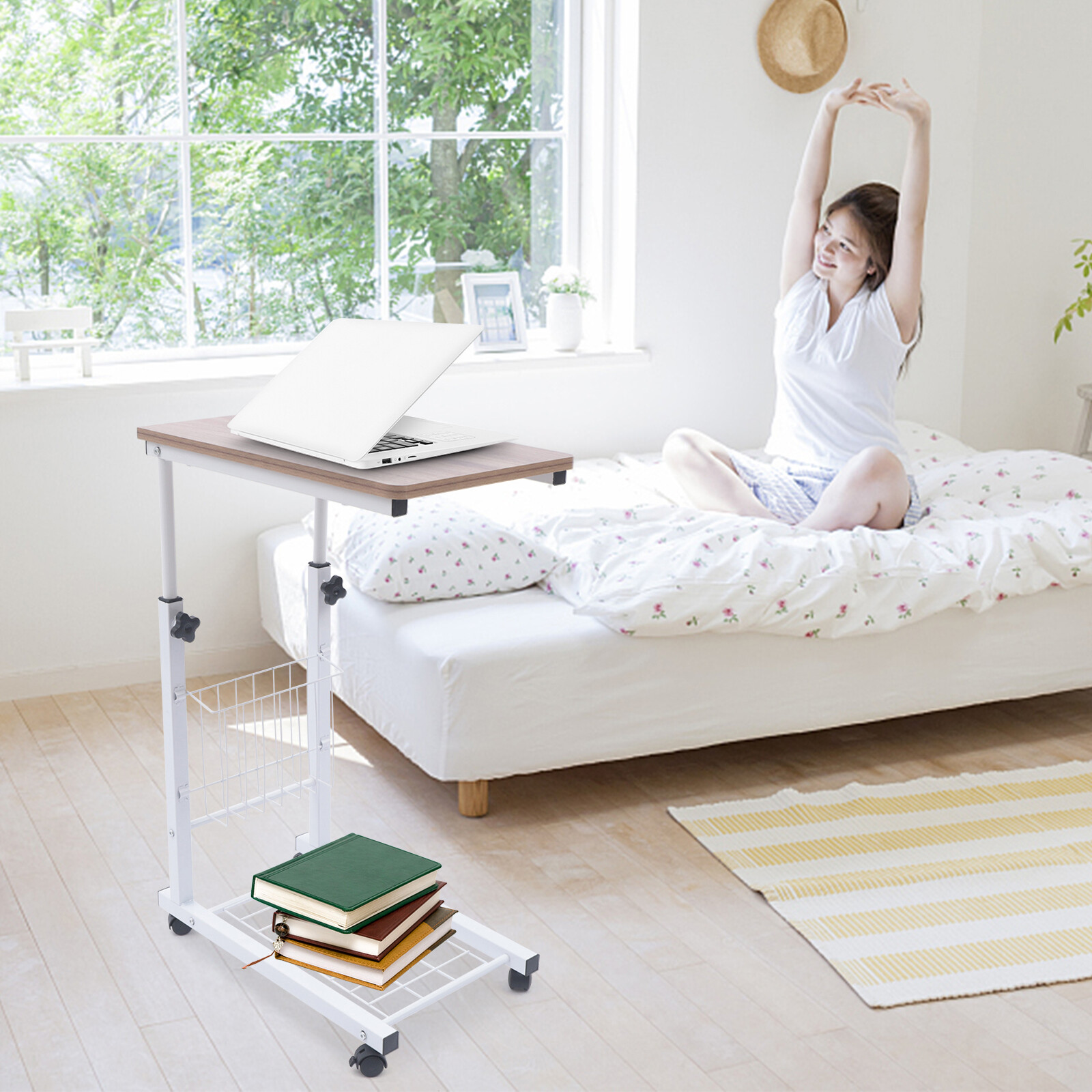 Bed Side Table Wheels Hospital Overbed Rolling Tray Sofa Side Desk Adjustable