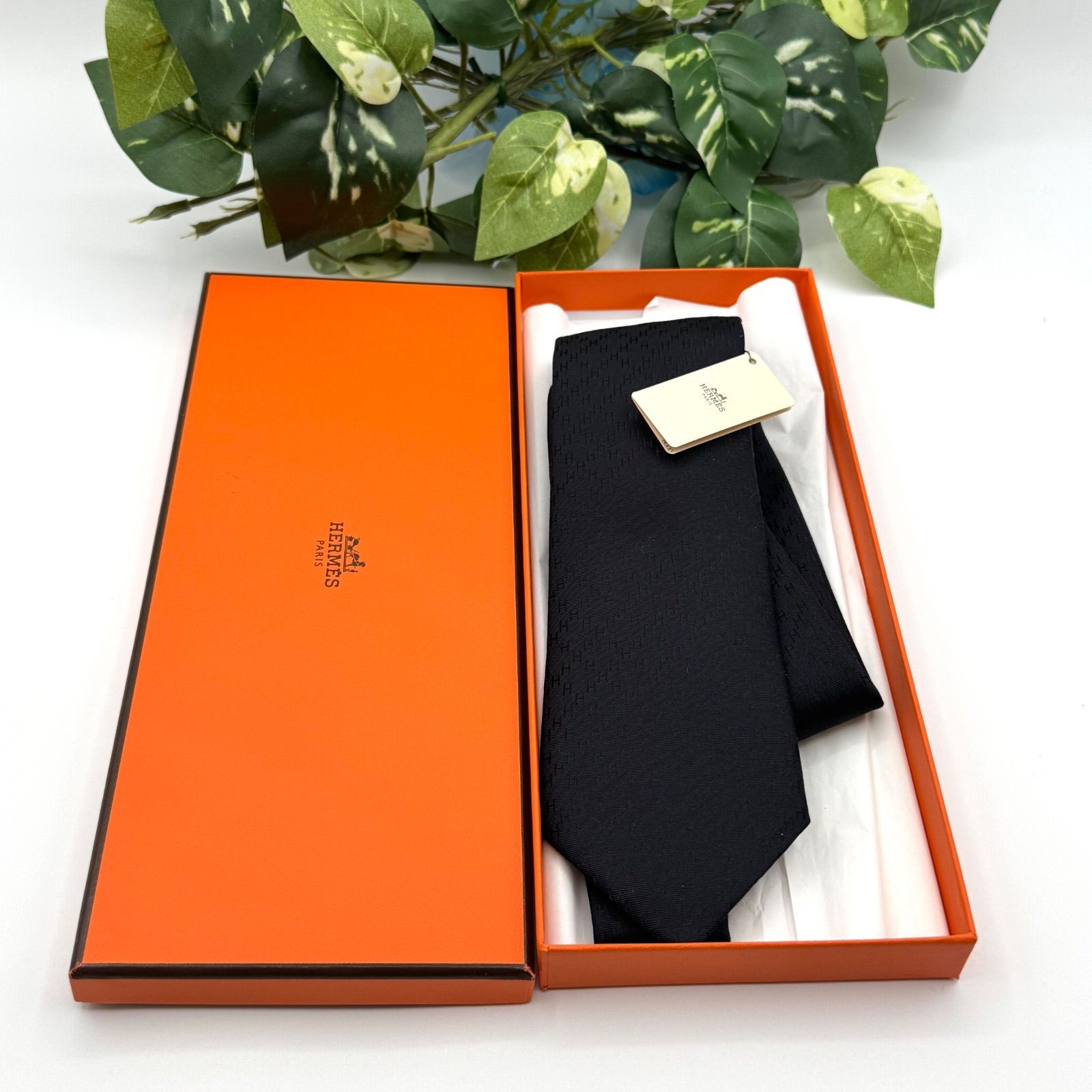 Hermes Fasone H Pattern Jacquard Black Silk Tie with Tag & Box