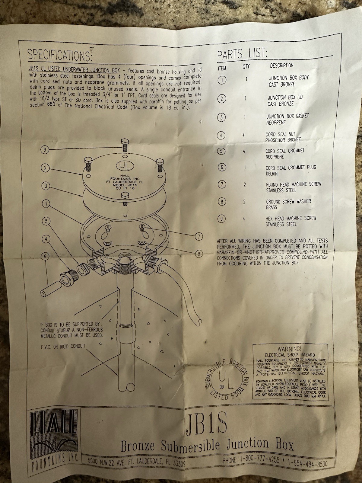 Submersible bronze Junction Box 530 M Model JB1S