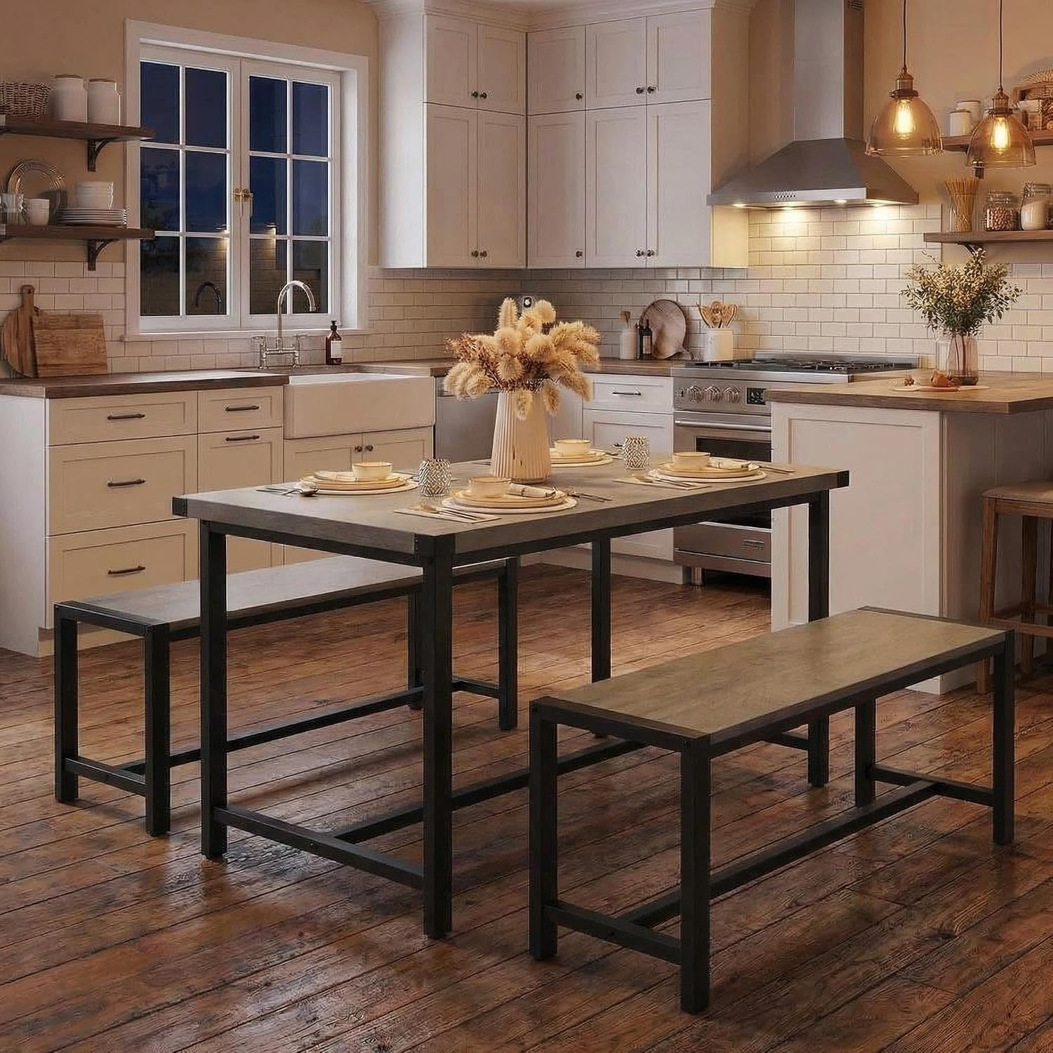 Dining Table Set for 4, Kitchen Table with Benches, 3 Piece Rectangular Dining R