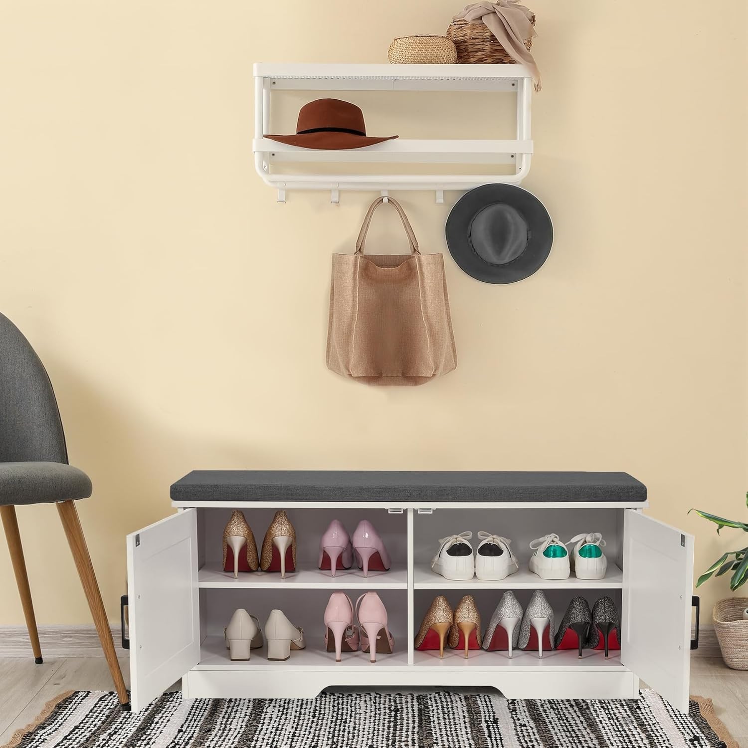 2-Tier Storage Bench 39.4" Wide Shoe Bench W/ Padded Seat Cushion Entryway Bench