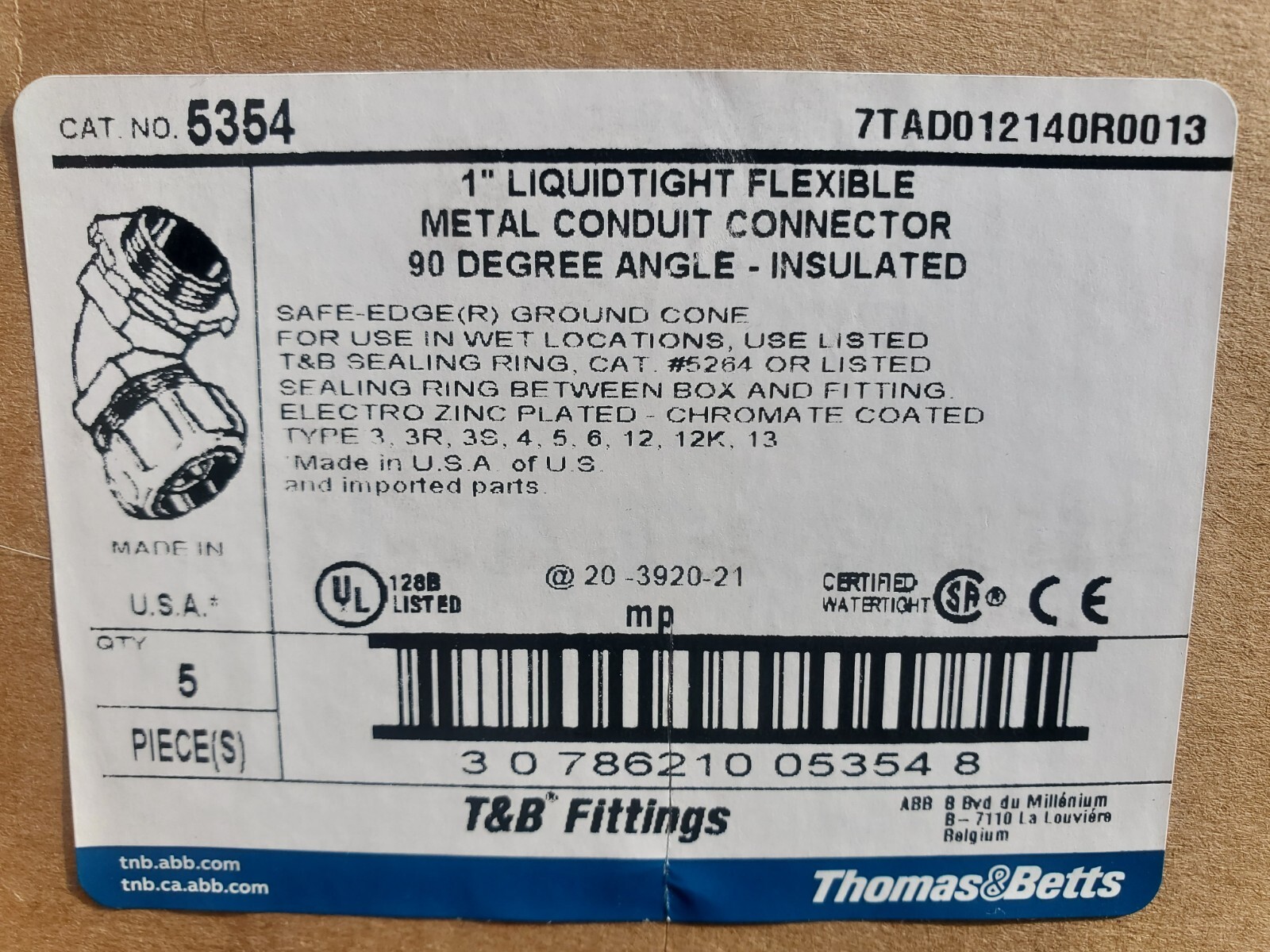 (Box of 5) Thomas & Betts - 5354, 1" 90 DEGREE LQUID-TITE CONDUIT FITTNG, NIB