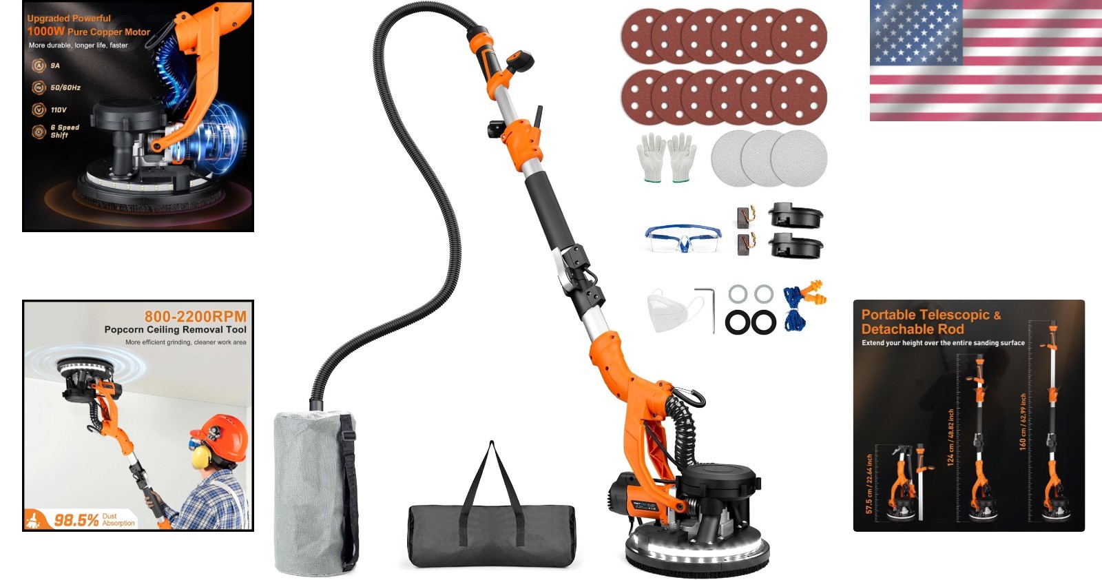 Versatile Drywall Sander with LED Light & Retractable Handle - 15 Discs Included