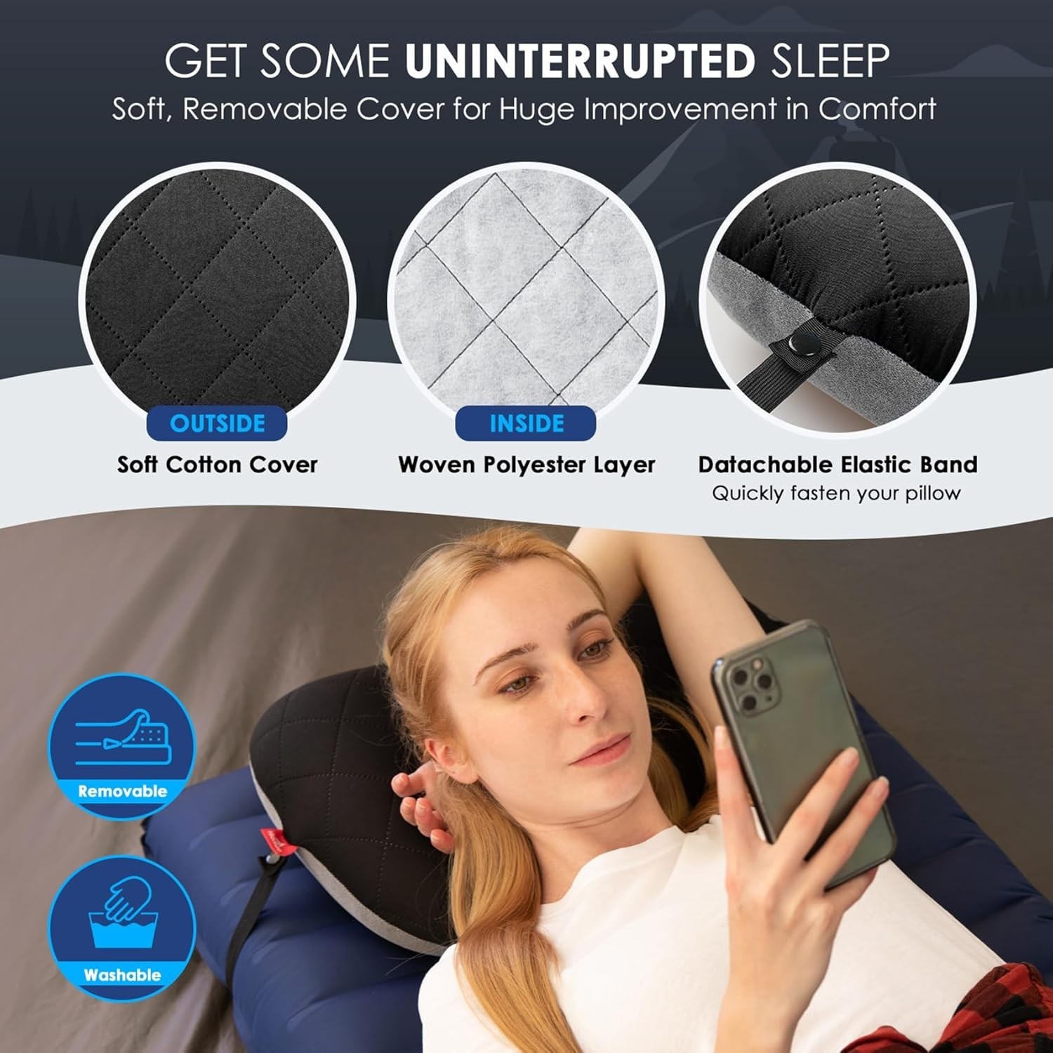 Compact Ultralight Backpacking Pillow with Leakproof TPU Bladder - Plush Support