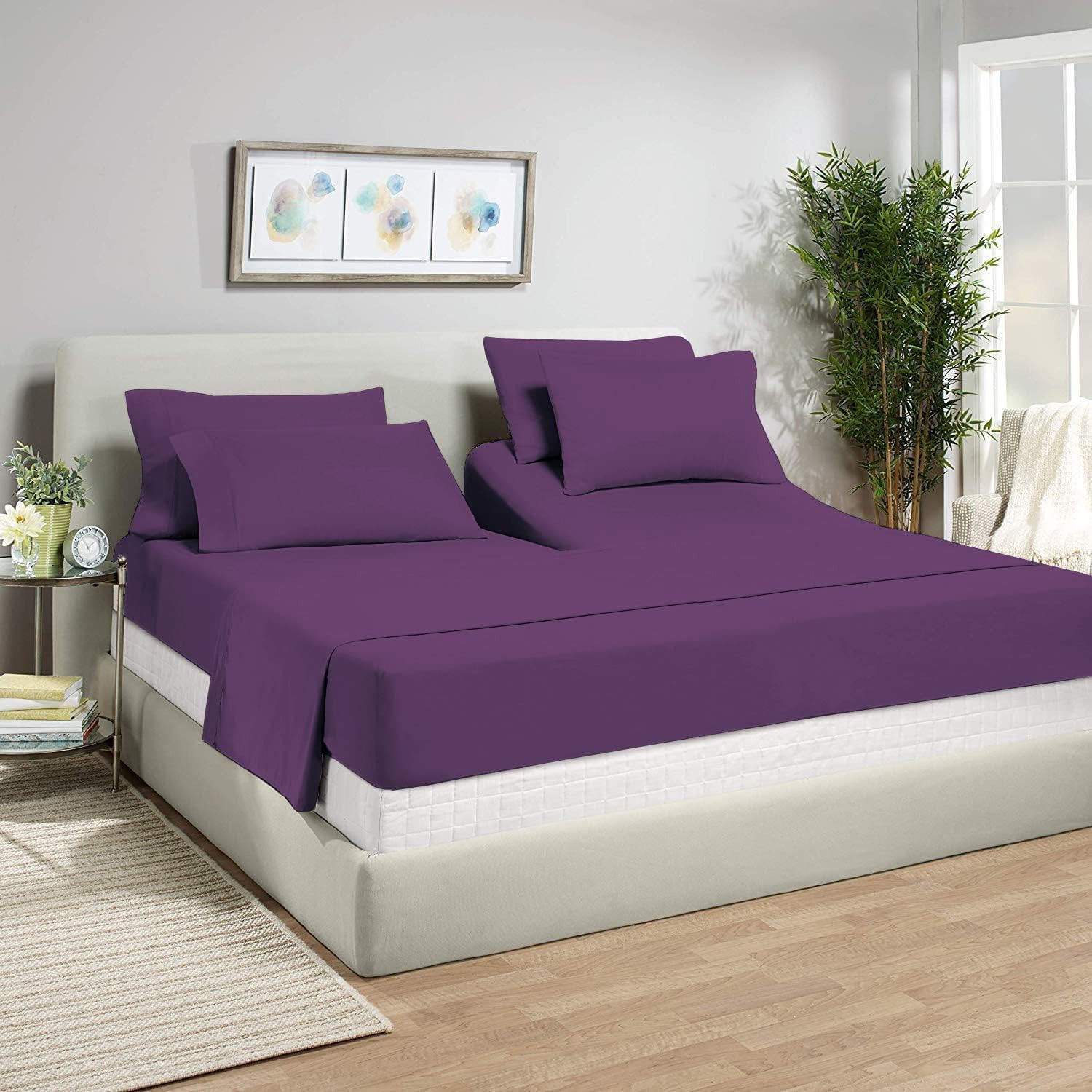 Plum 4-Piece Split Top Queen Microfiber Sheet Set for Adjustable Beds