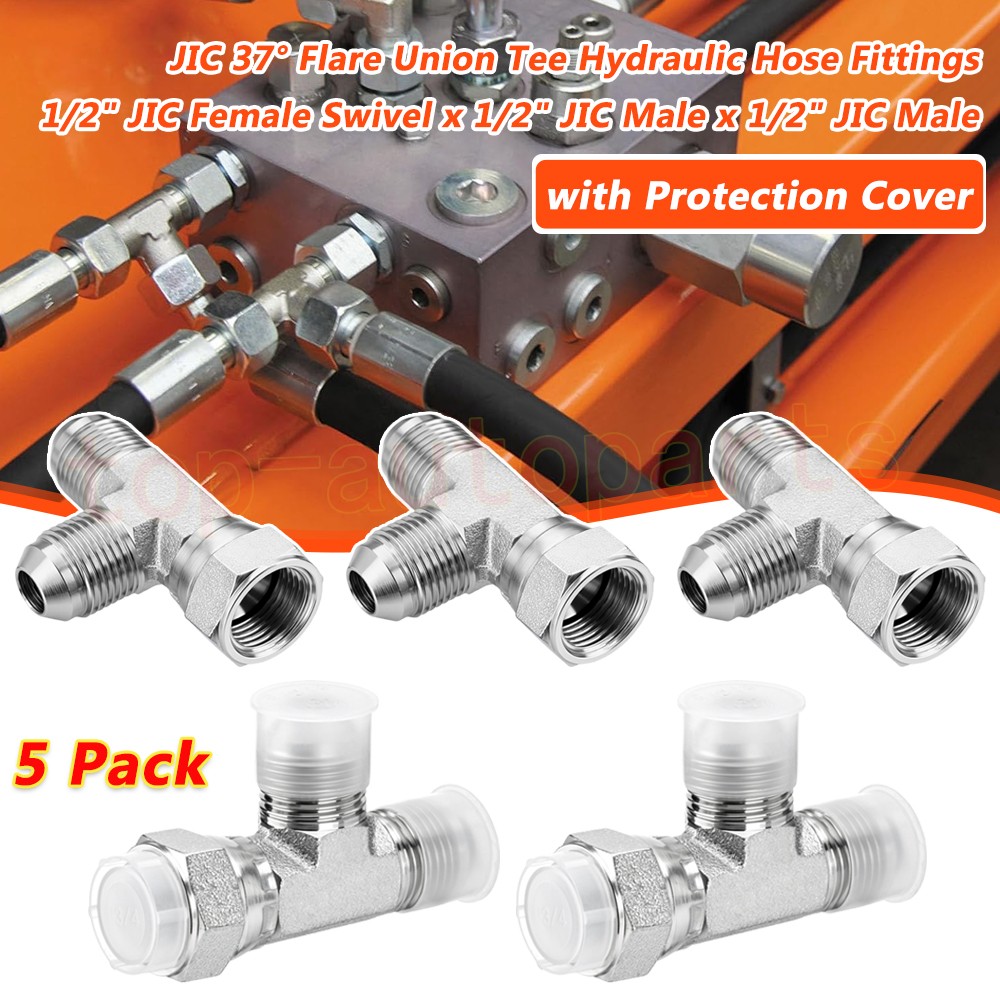 5 Pack JIC 37° Flare Union Tee Hydraulic Fittings 1/2" JIC Female x Male x Male