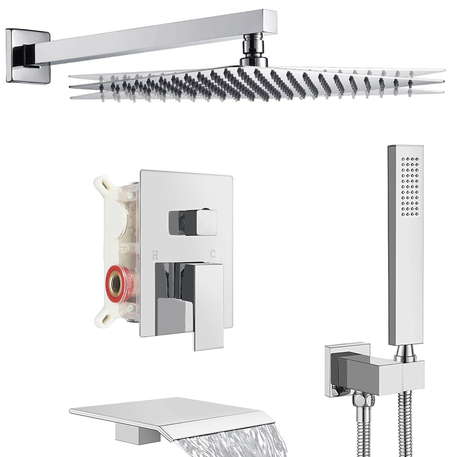 Chrome Shower Faucet Set with Tub Spout 12 inch Rain Shower Head 3 way Valve Kit