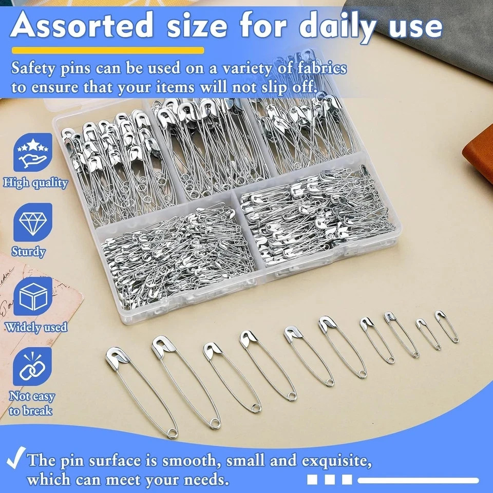 500 Ps 5 Sizes Safety Pins Assorted Size Rust-Resistant Nickel Plated Steel Asso