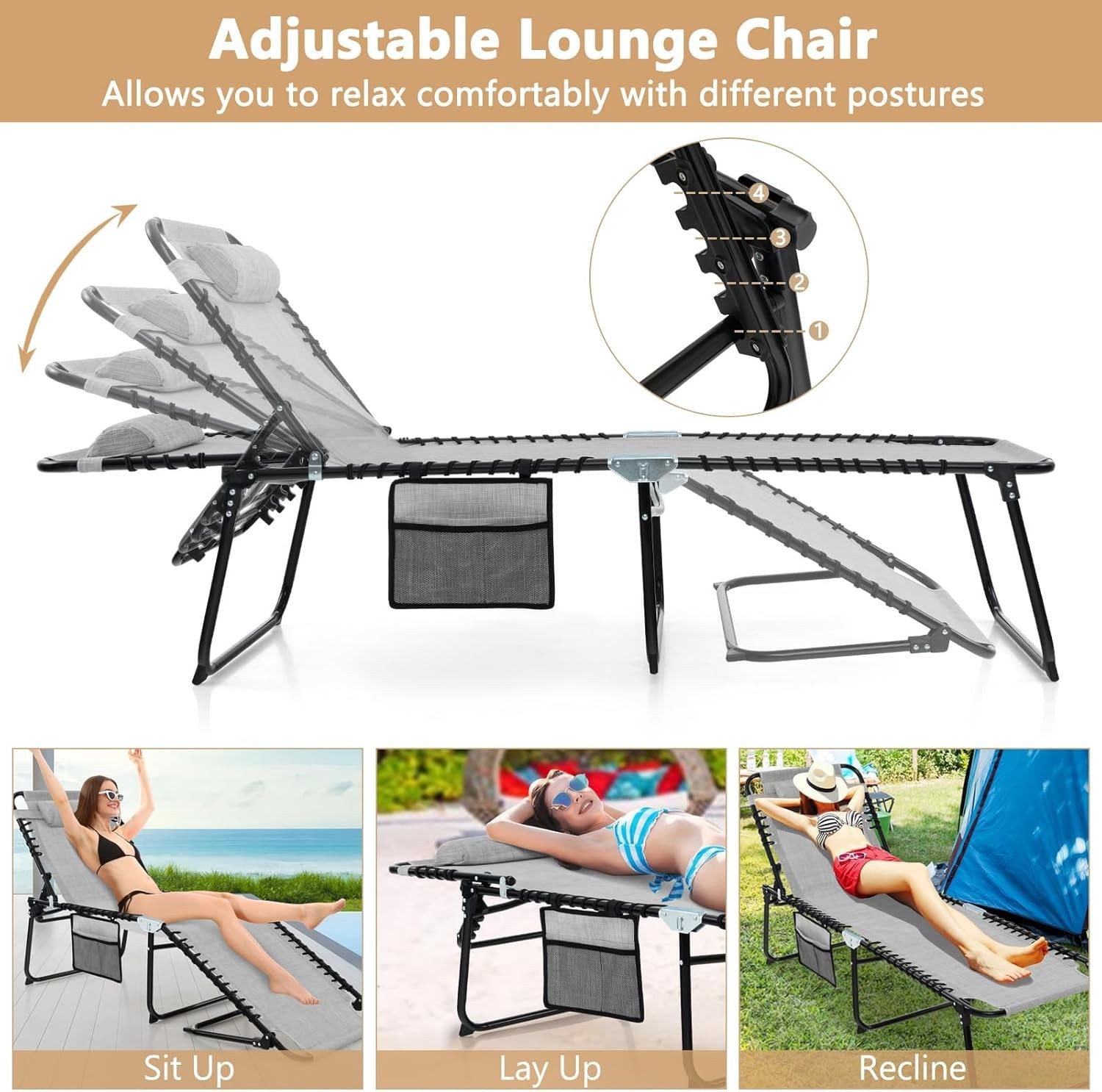 Grey Foldable Patio Lounge Chair with Headrest, 4-Position Adjustable Backrest