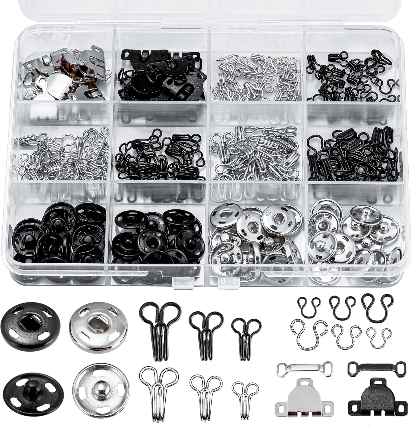 180PCS Hook and Eye Sewing Kit with Garment Buttons, Black