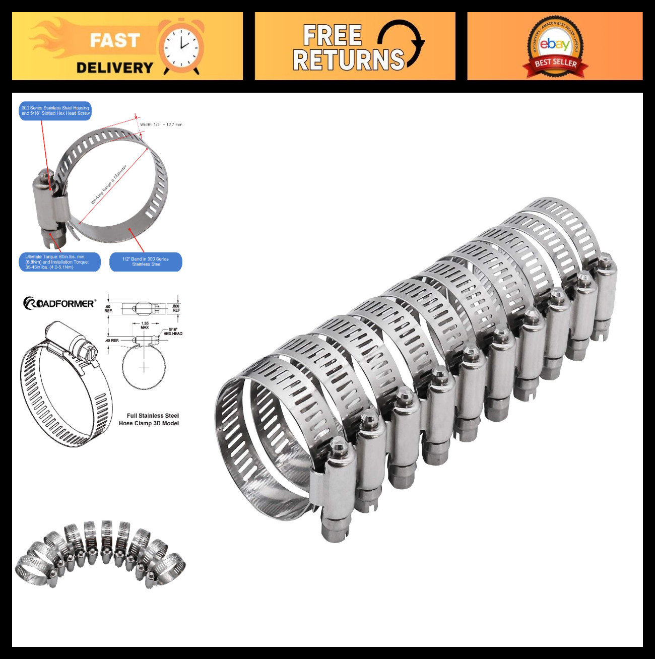 Stainless Steel Worm Gear Hose Clamps 1.75" - SAE 28, 10 Pack, 33mm-57mm Range
