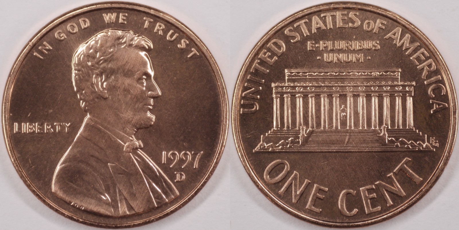 United States 1997 D 1 Cent Lincoln Memorial KM#201a Copper Plated Zinc