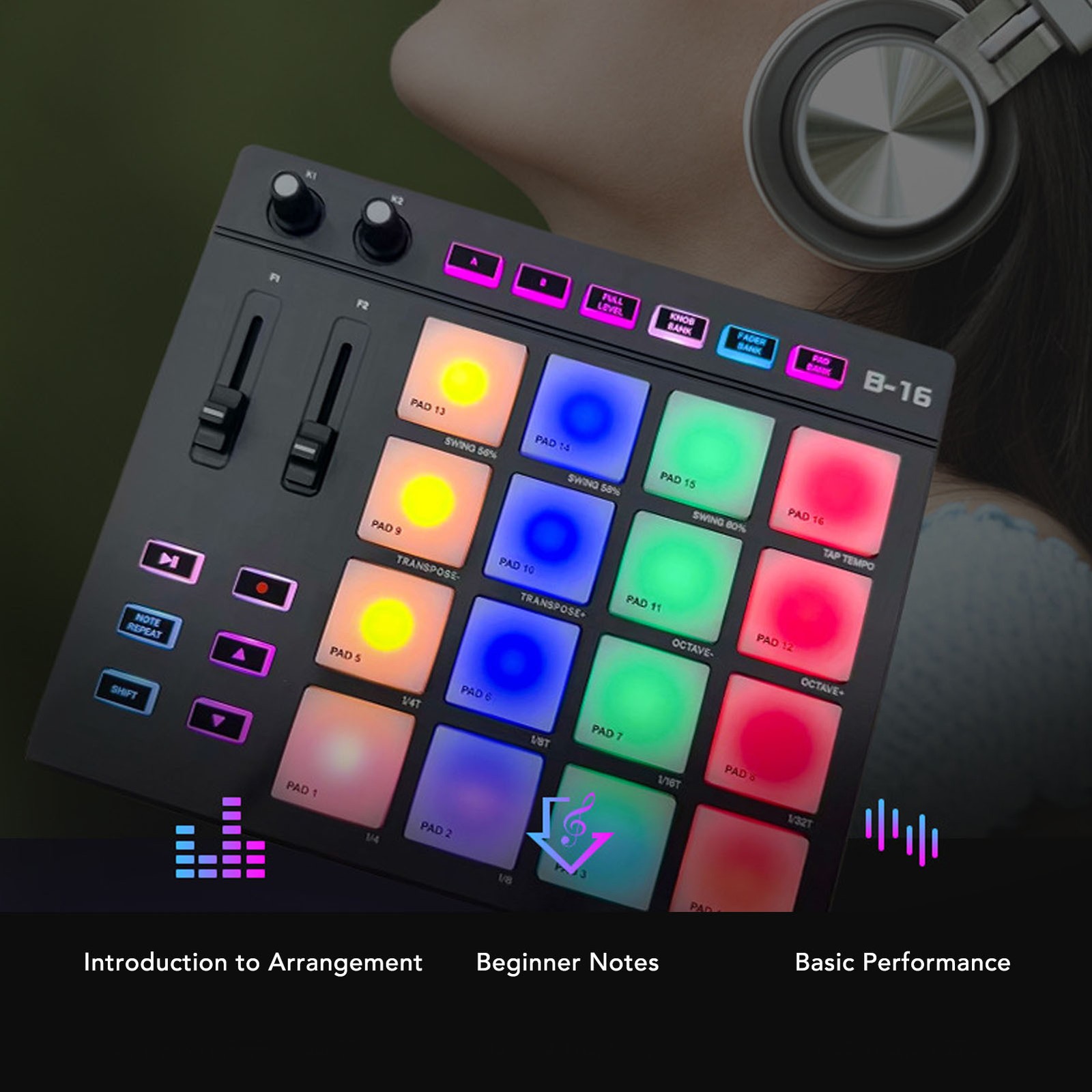 MIDI Controller With 16 Drum Pads 2 Assignable Fader Knobs RGB Portable MID XIPE