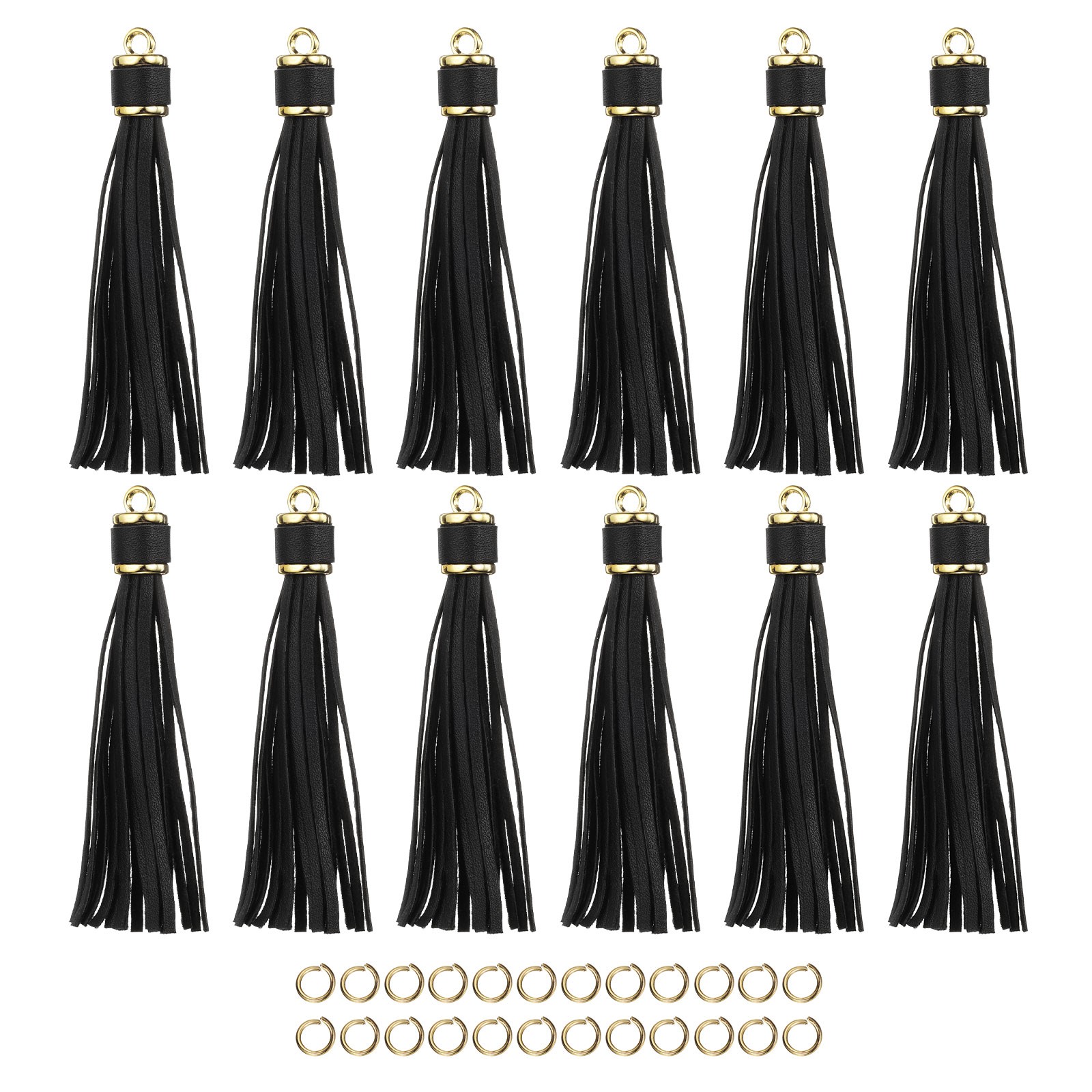 12pcs PU Leather Tassels, 4.3" Keychain Tassel with Small Rings(Black )