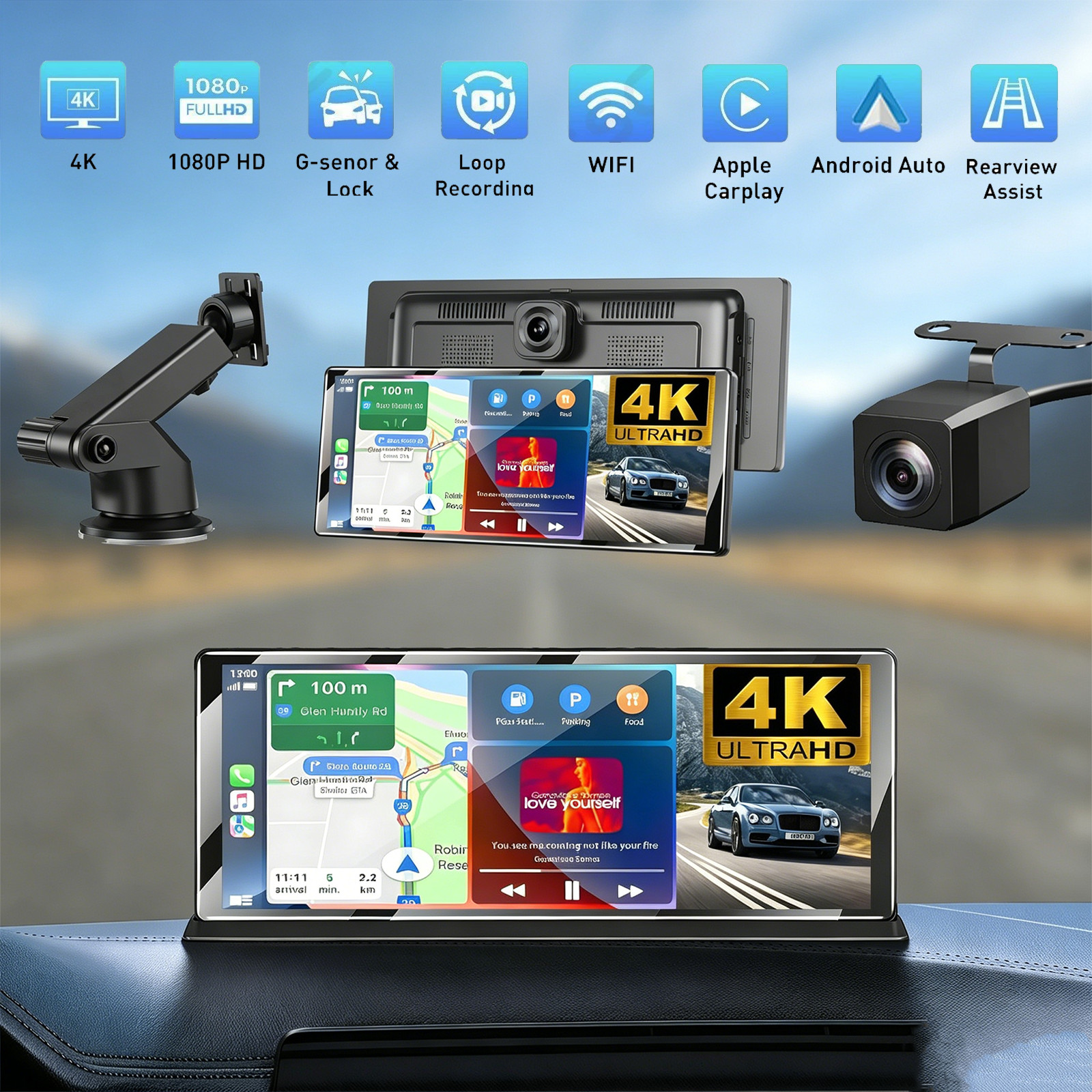 11.30" 4K Touch Screen Dash Cam Wireless Apple Carplay & Android Auto Car Stereo