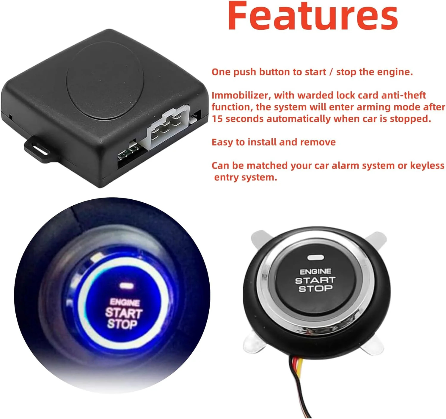 Push to Start Ignition Kit Smart RFID Push Button Engine Starter Kit, Keyless En