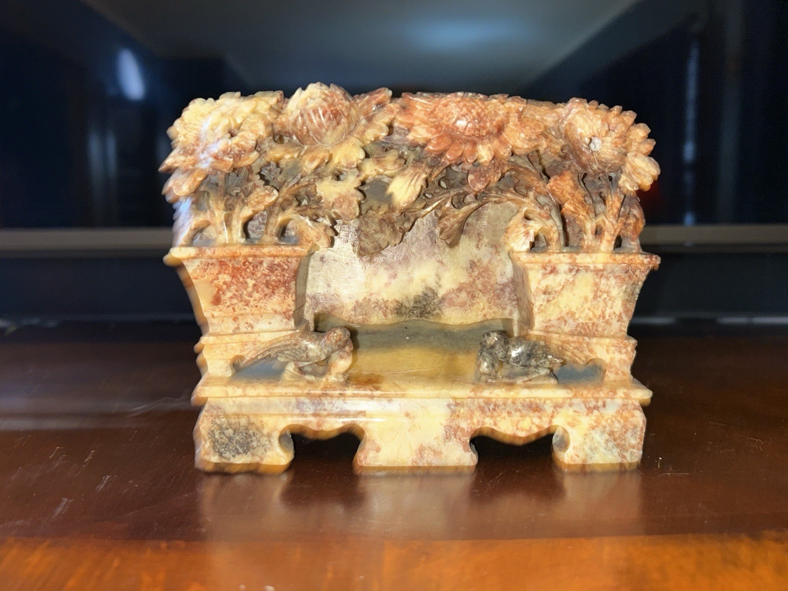 Antique cigarette/match holder Chinese Handmade Carved Soapstone w/ Floral Motif