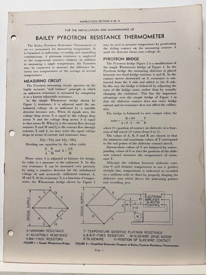 Vtg Bailey Meter Co Manual Pyrotron Resistance Themometer 1946 Installation Main
