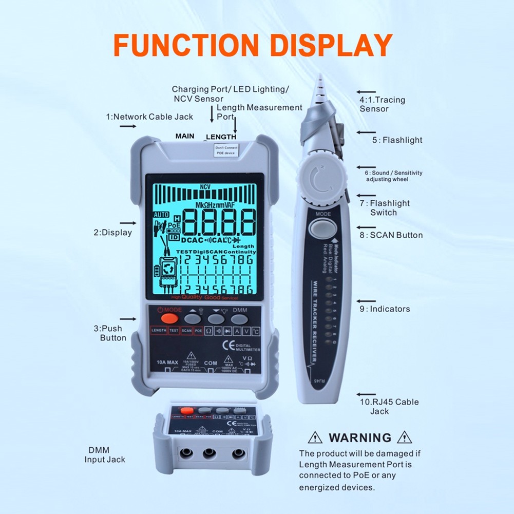 ET618 Cable Tester with LCD Display Analogs Digital Search POE Test Cable5001