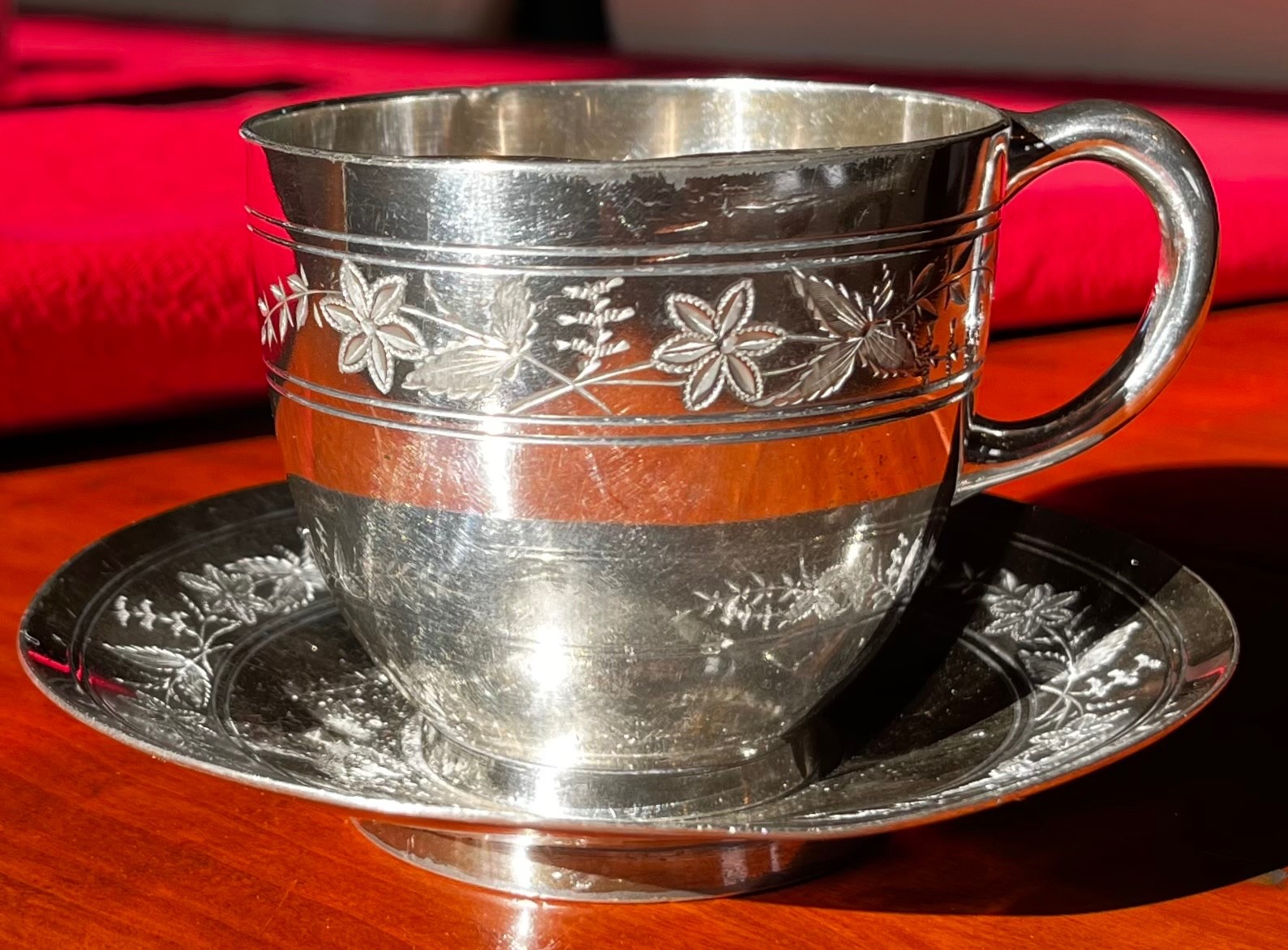 SOUTHINGTON C. Co. MUSTACHE CUP & SAUCER Quadruple Silver Plate antique 1 owner
