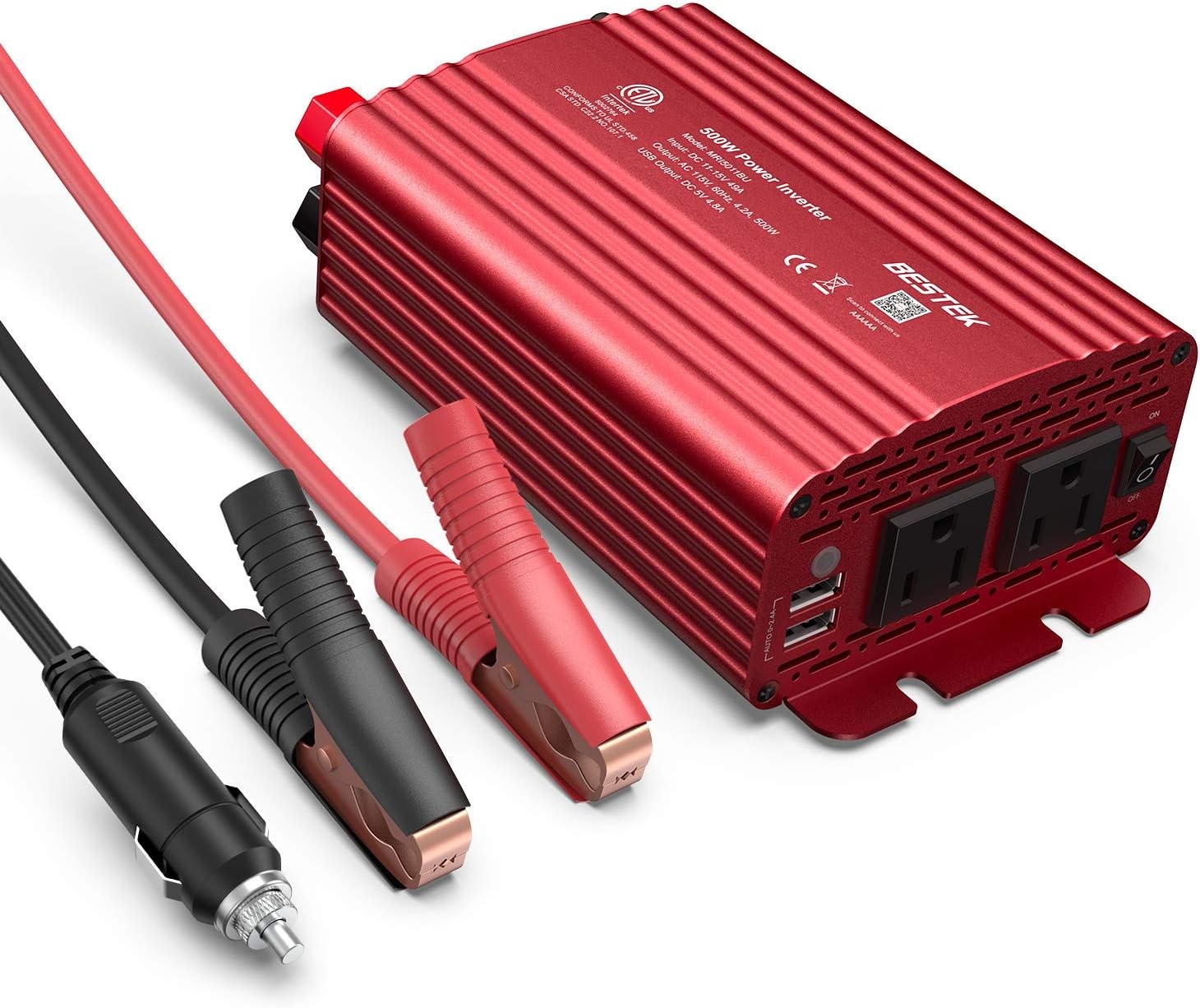500W Power Inverter DC 12V to 110V AC Converter W/ Alligator Battery Clamp 4.8A