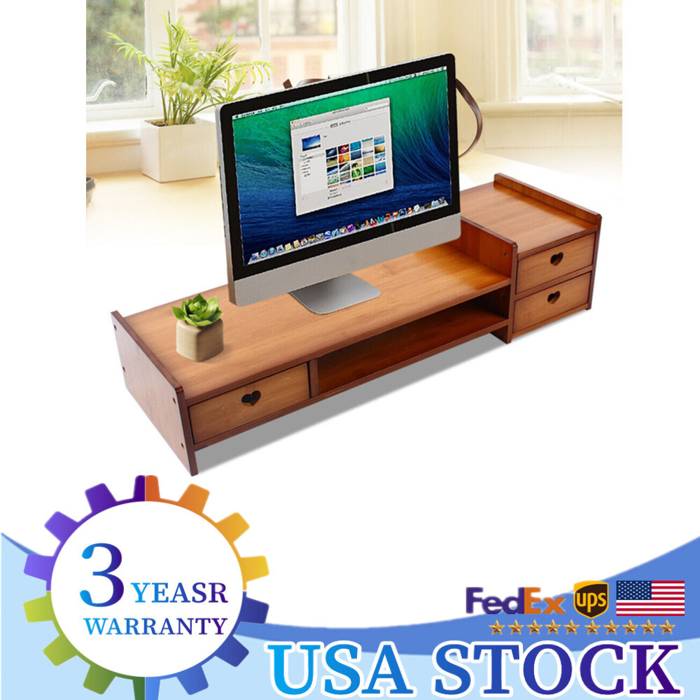 Sturdy Bamboo Wood Monitor Stand Riser w/ Drawer - Desk Storage Organizer Tool