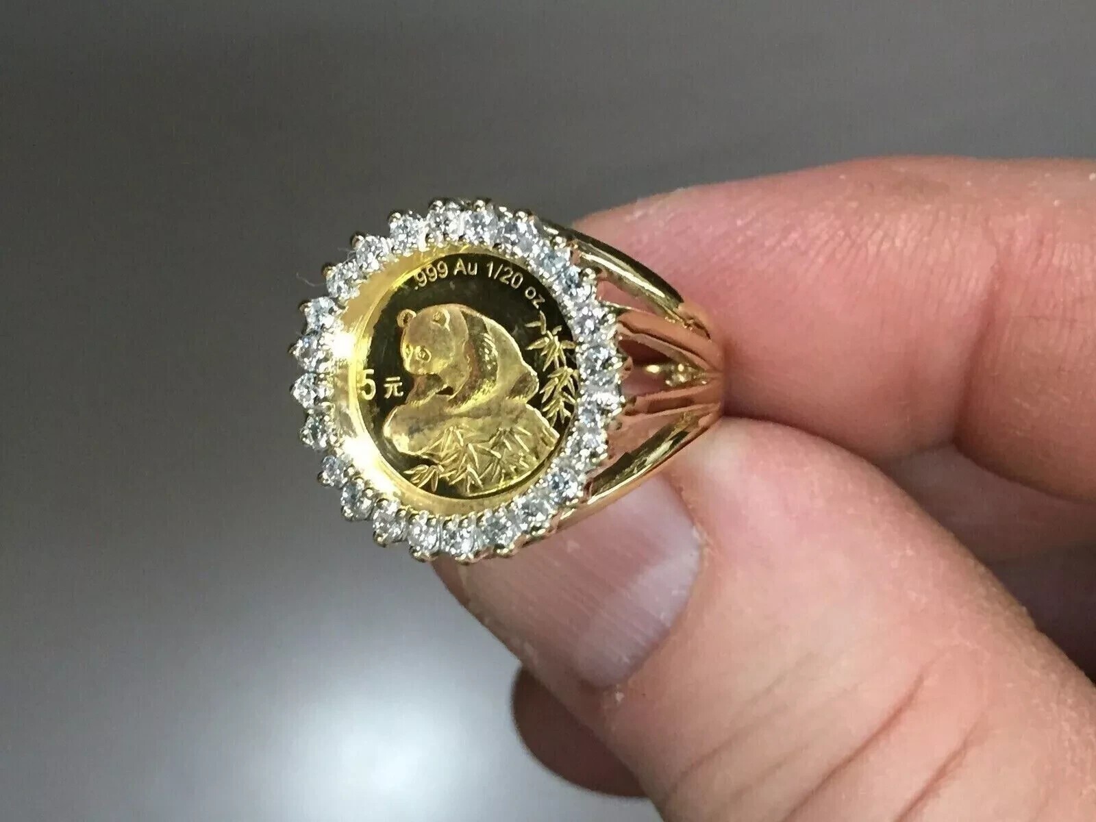 14K Yellow Gold Plated 1Ct Round Moissanite Gorgeous PANDA BEAR COIN Beauty Ring