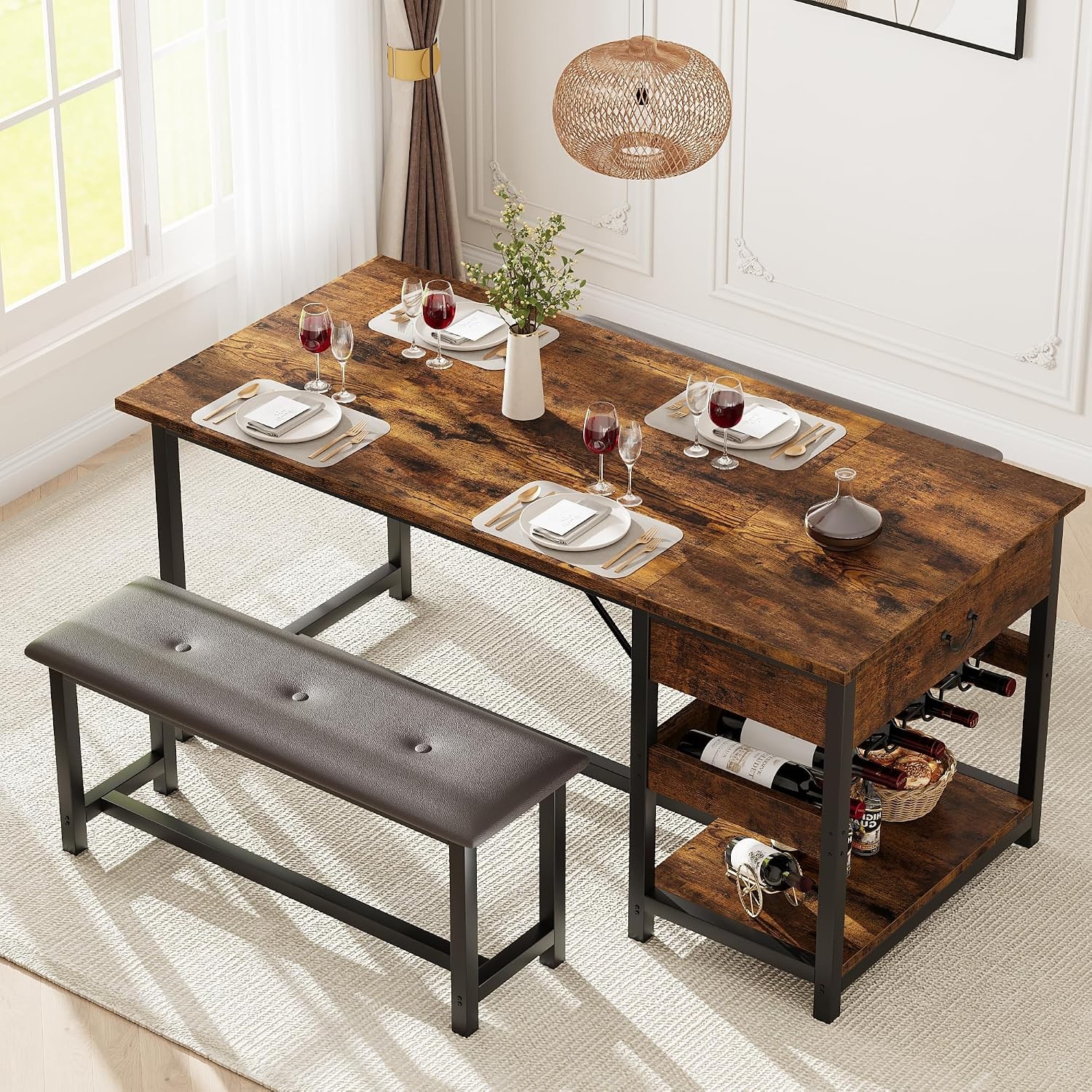 Dining Table Set 4 W/ Storage Drawers & Wine Rack Kitchen Table & Upholstered
