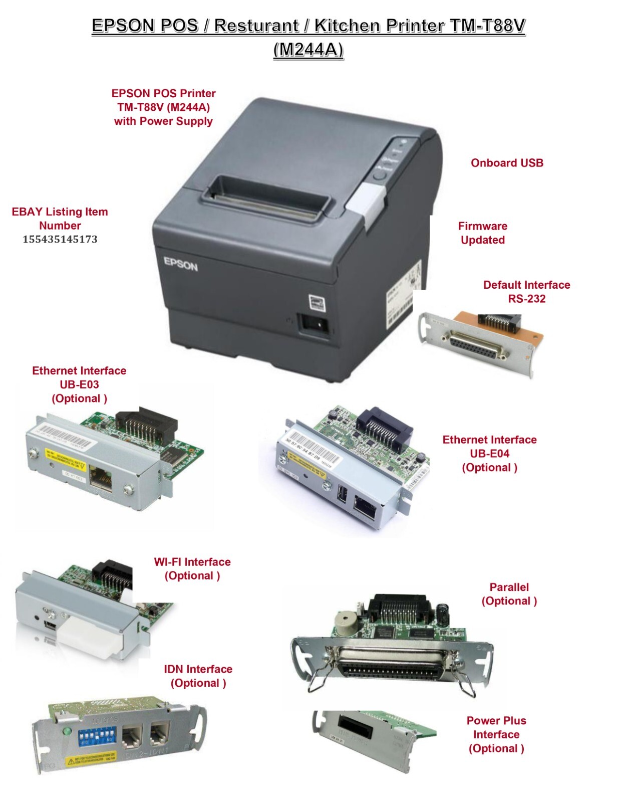 EPSON TM-T88V POS Restaurant RECEIPT PRINTER USB+ WIFI | Ethernet | IDN | Parall