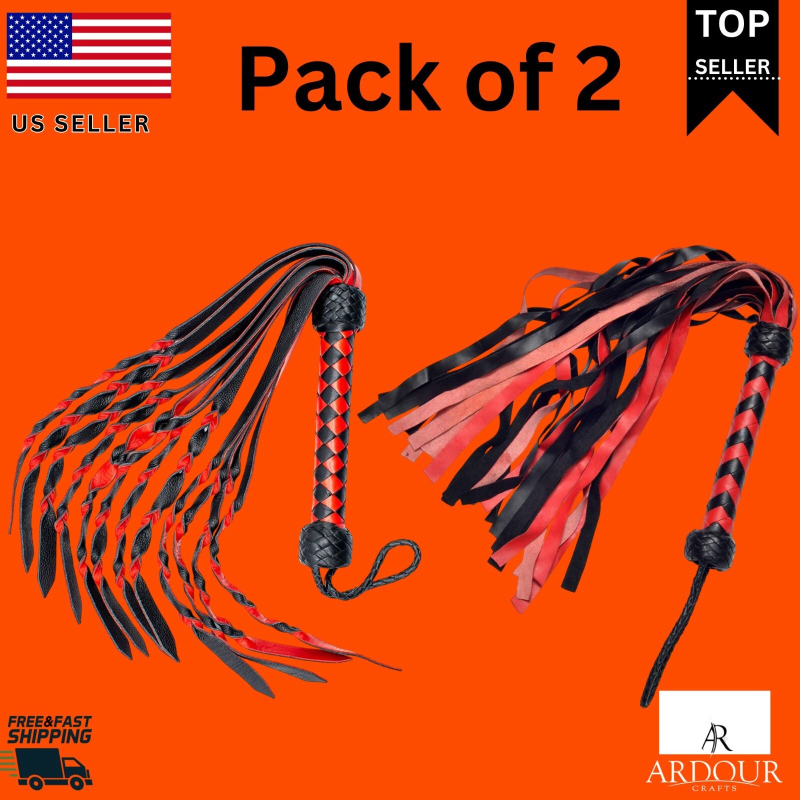 Genuine Real Leather Floggers with 12 Double-Layered Set of 2 Red & Black