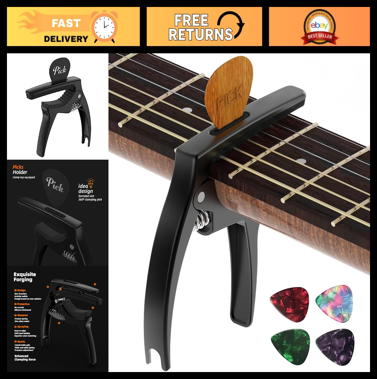 3-in-1 Zinc Metal Guitar Capo for Acoustic & Electric Guitars, Ukulele, Mandolin