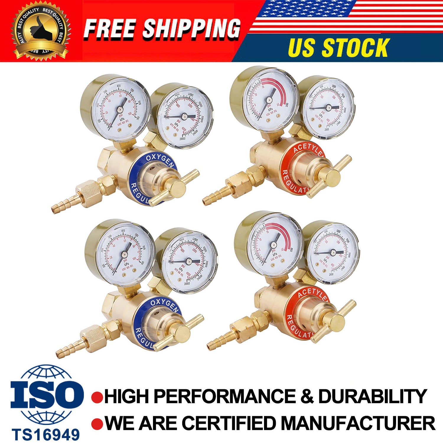 New Oxygen and Acetylene Regulators Welding Gas Gauges 2 Pair CGA540 and CGA200