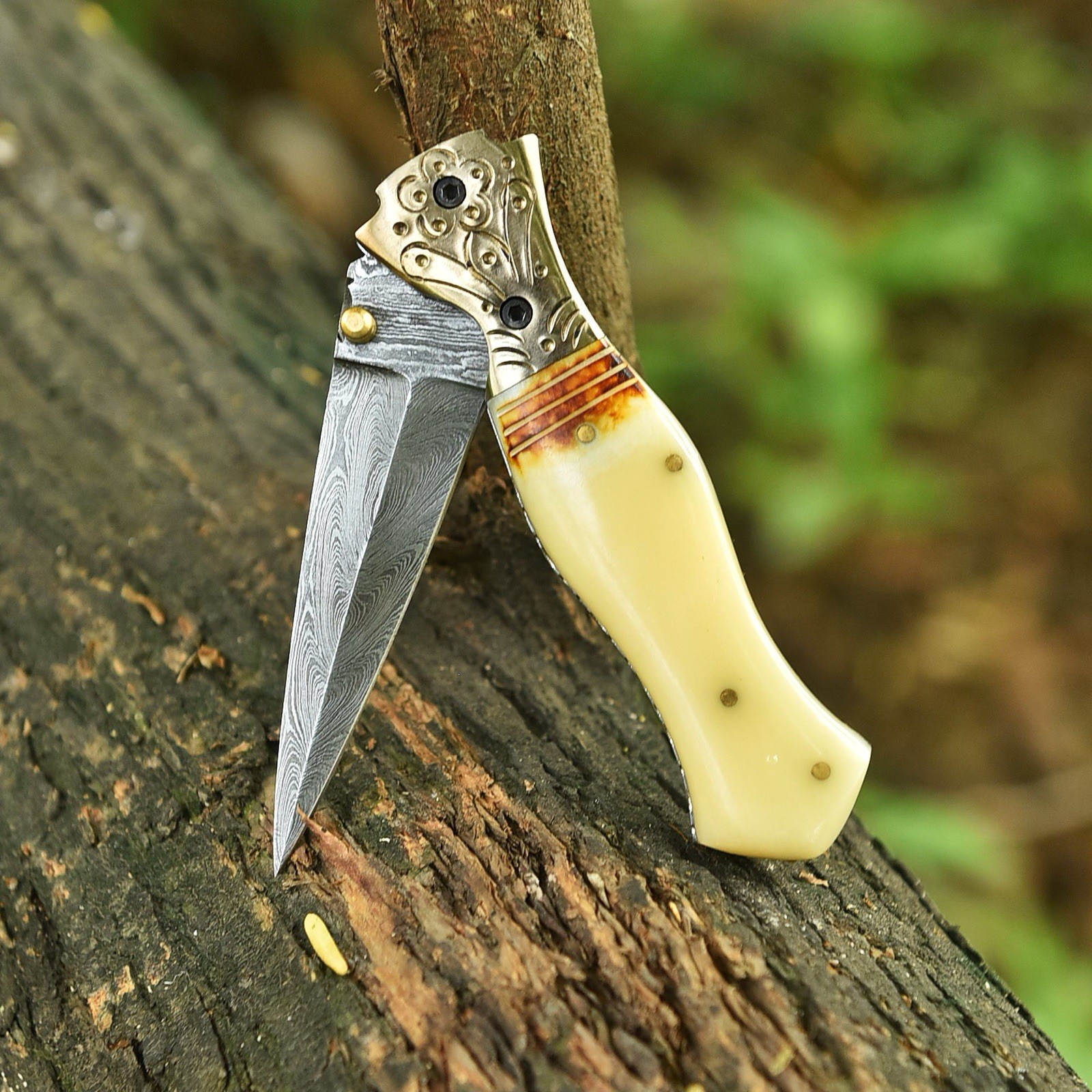 Damascus Folding Dagger Blade Pocket Knife Tactical-Double Edge