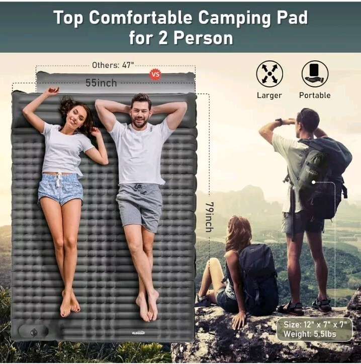 Elegear Double Sleeping Pad for Camping, 4" Ultra-Thick Self Inflating Size FULL