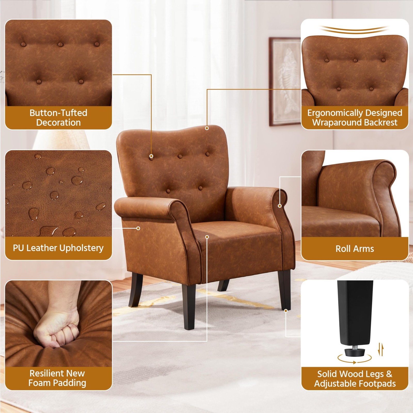 Yaheetech Modern Armchair, Mid Century PU Leather Set of 1, Retro Brown