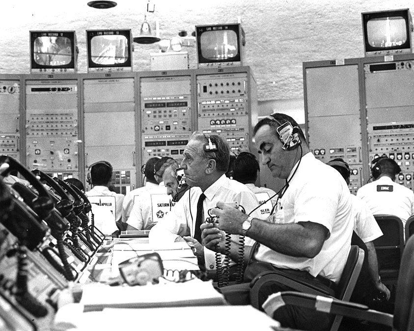ROCCO PETRONE AND DR. KURT DEBUS DURING APOLLO 7 LAUNCH 8X10 NASA PHOTO (BB-871)