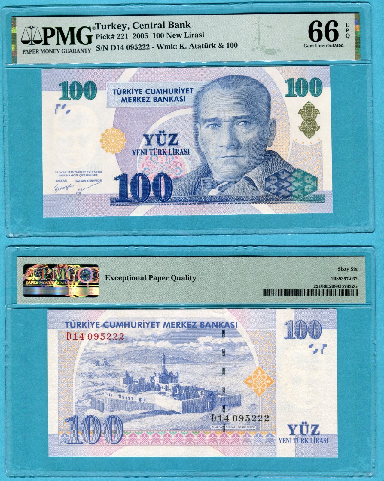 Turkey 100 New Lirasi 2005 P221 UNC / PMG GEM66EPQ