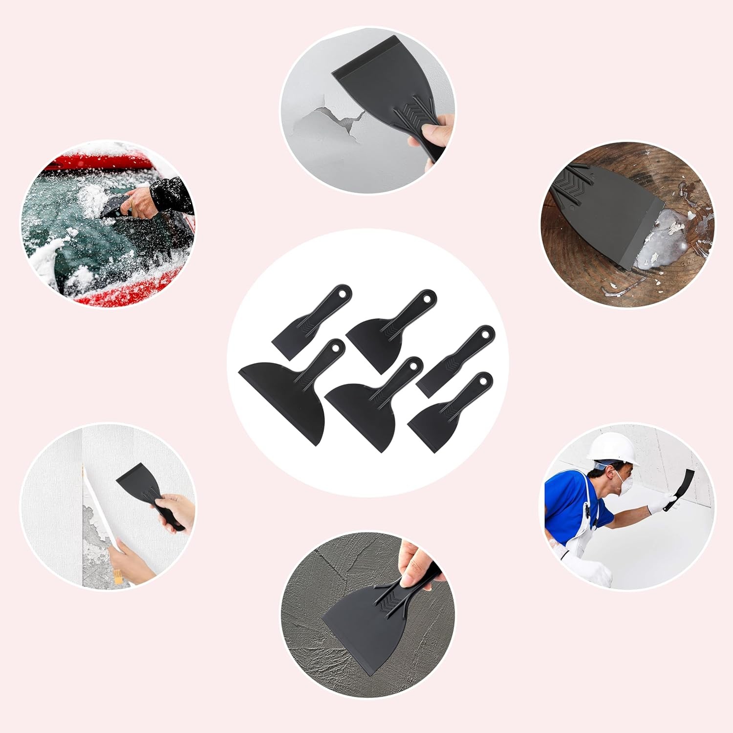 6 Pack Plastic Putty Knife, Durable Plastic Scraper Tool with No-Slip Grip for S