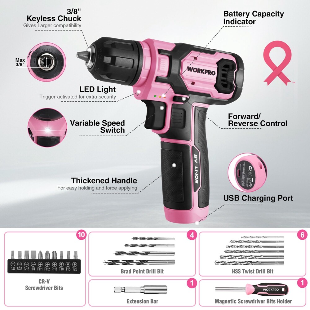 WORKPRO Cordless Drill Driver 43PCS Pink Tool Set 8V Lithium-ion Power Drill Bit