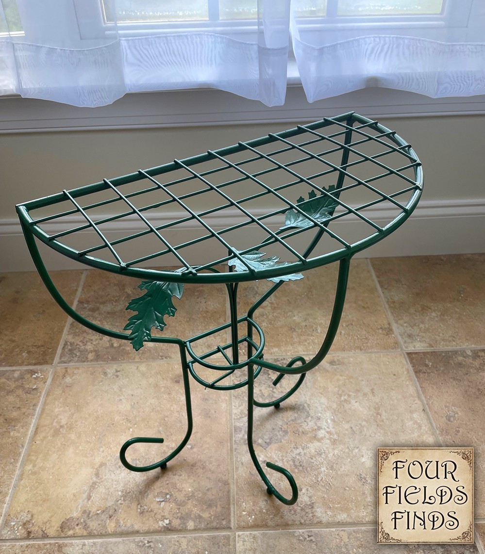 Vintage Green Wrought Iron Metal Plant Stand Accent Half Moon Table 15.25 x 19"